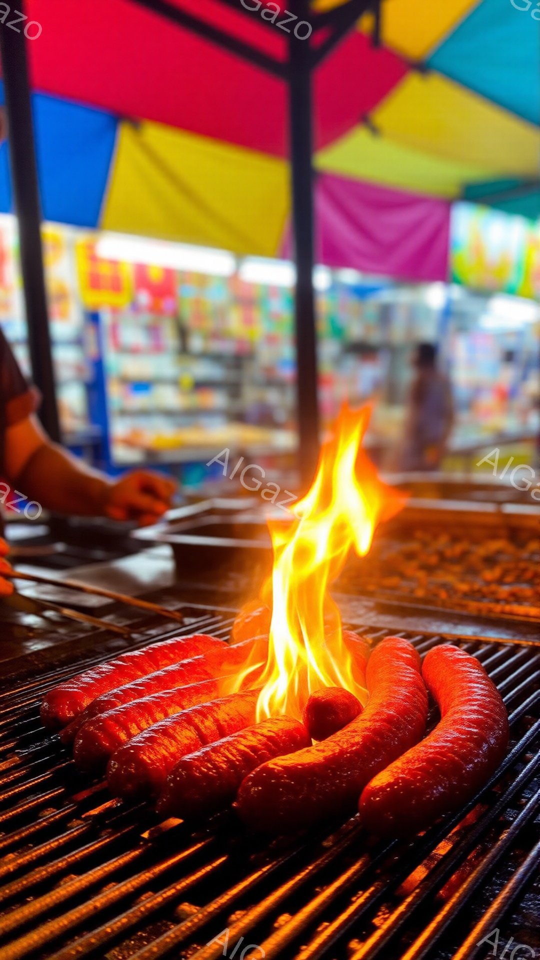 鉄製のグリル網の上で、数本のソーセージが炎に包まれています。背景にはカラフルなテントや屋台が見え、賑やかなお祭りや屋台の雰囲気が伝わってきます。ソーセージは焦げ目がつき始め、食欲をそそる様子が表現されています。
