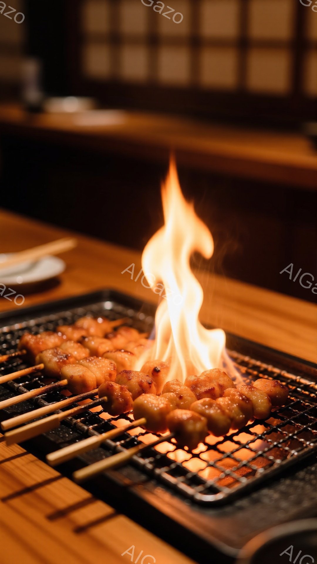 串に刺された団子が炭火で焼かれている様子が捉えられています。団子は焦げ目がつき始め、炎が勢いよく立ち上っています。背景には木製のテーブルとぼやけた内装が見え、暖かく家庭的な雰囲気が漂っています。