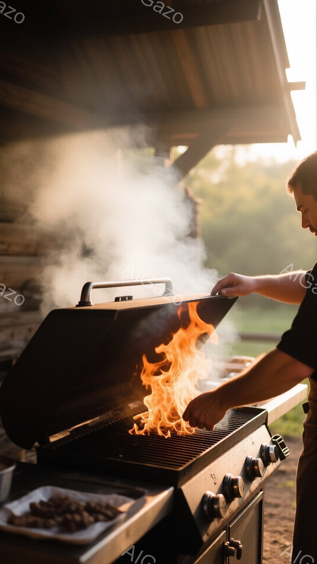 バーベキューグリルの中で炎が燃え上がり、煙が立ち上っている様子が捉えられている。グリルはステンレス製で、その横には調理済みの肉が盛られた皿が置かれている。背景には木製の建物と緑豊かな自然が見え、暖かく晴れた日のバーベキューを楽しむ雰囲気が漂っている。