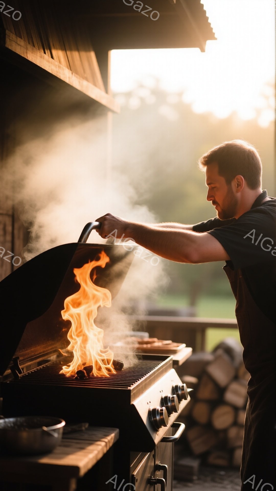 男はエプロンを着ており、短い髪で横顔は真剣な表情をしています。彼はバーベキューグリルを開け、内部の炎を覗き込んでいます。背景には木製の壁と芝生が見え、夕暮れのような暖かく穏やかな雰囲気です。
