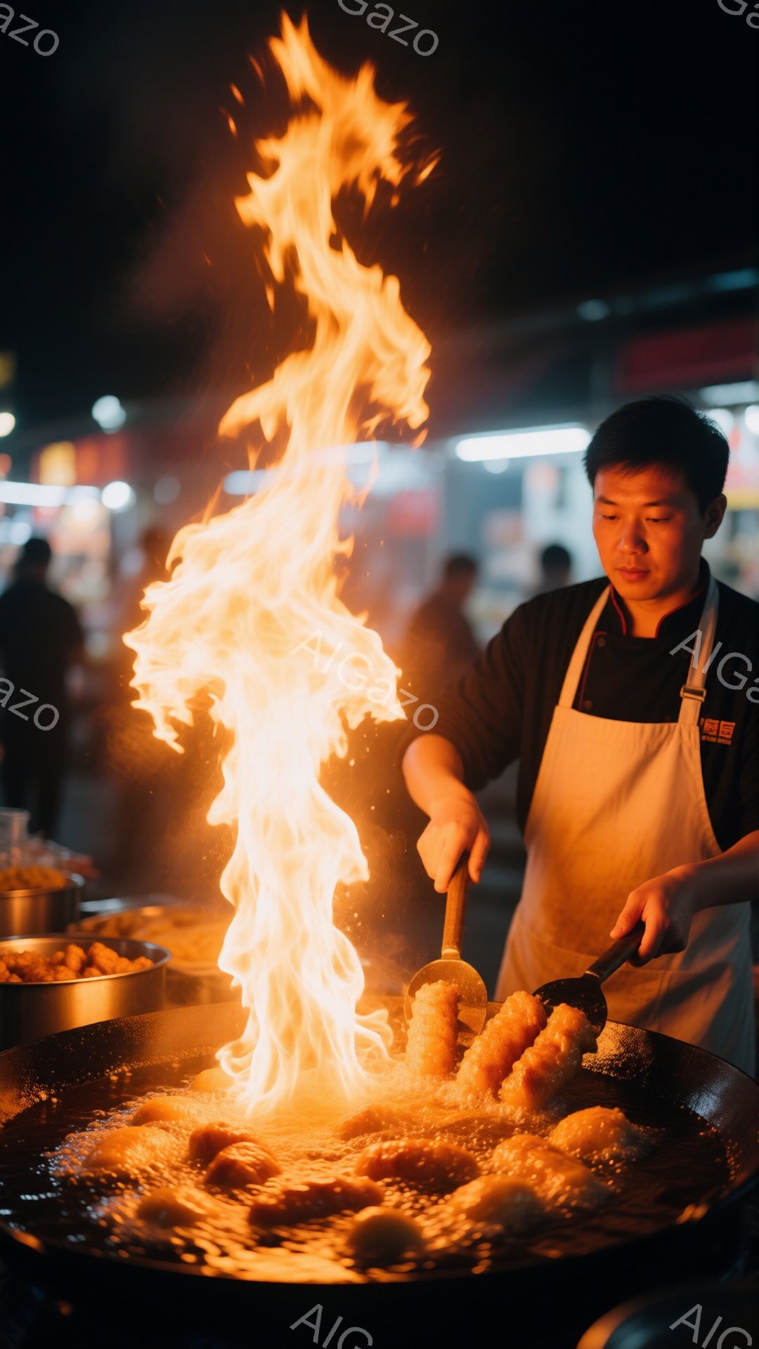 屋台で調理をしている男性が写っている。黒いエプロンをつけ、短い髪型で、真剣な表情で鍋の中の食材を調理している。背景には他の屋台や人々が見え、夜の賑やかな雰囲気が漂っている。