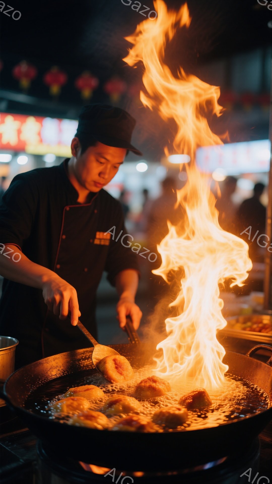 屋台で調理をしている男性が写っている。黒い制服を着ており、フライパンの中で食材を炎で焼き上げている。背景は夜の屋台街で、活気のある雰囲気と熱気が感じられる。