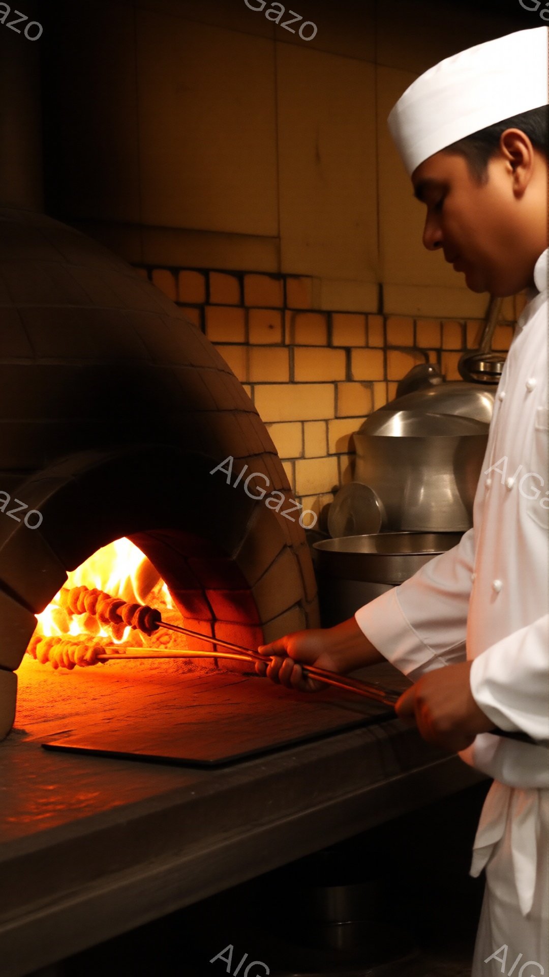 白いコック帽とコックコートを身につけた男性が、レンガ造りの窯の中で串焼きを焼いている様子が写っている。彼はやや前かがみの姿勢で、金属製のトングを使って串焼きを窯の中で調整しており、集中した表情をしている。背景にはステンレス製の調理器具や窯のレンガが写っており、全体的に暖かく、プロフェッショナルな調理場の雰囲気が漂っている。
