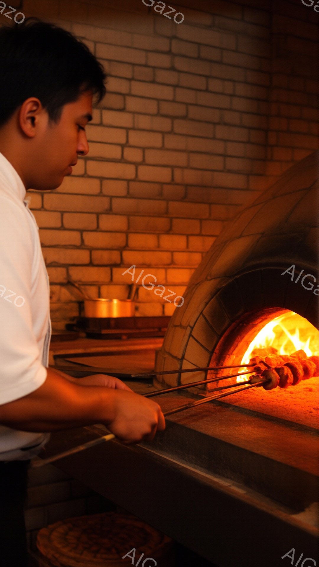 白いコックコートを着た男性が、燃え盛る窯の中に串に刺した肉を差し込んでいる様子が写っている。彼の髪は短く整えられ、顔は窯の炎に照らされ、集中した表情をしている。背景はレンガ造りの壁と窯で、全体的に暖かく、活気のある、食欲をそそる雰囲気を醸し出している。