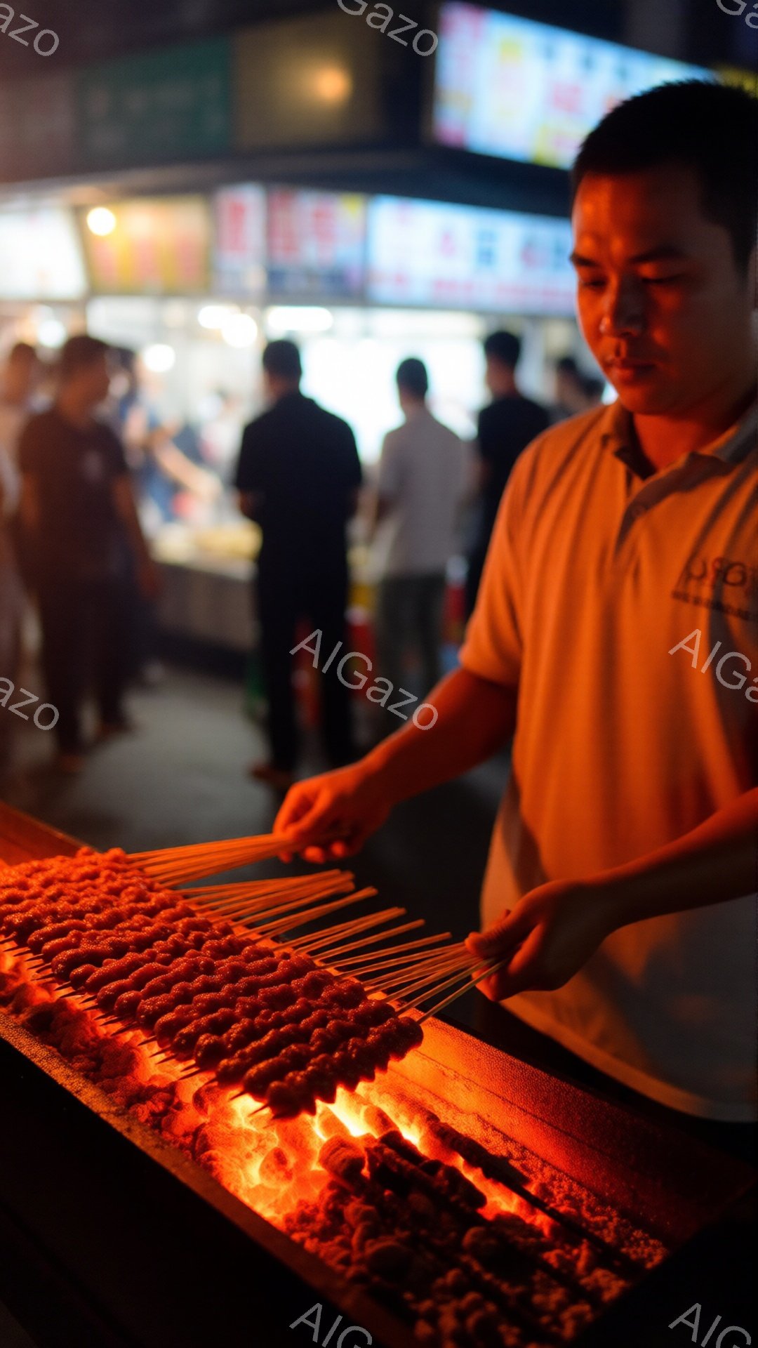 屋台で串焼きを焼く男性が写っている。彼は白い半袖シャツを着ており、短く刈り込んだ髪をしている。背景にはぼやけた人影と、ネオンサインが光る屋台の風景が広がり、活気のある夜の雰囲気が漂っている。