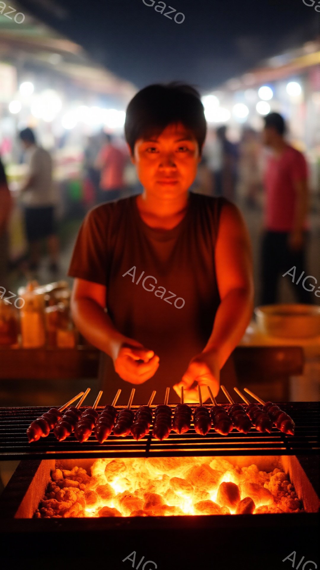 画像には、炭火で焼かれた串に刺された肉団子が並べられている様子が写っている。女性は黒いTシャツを着ており、短い黒髪で、穏やかな表情をしている。背景はぼやけており、屋台や人々の姿が見え、夜間の賑やかな市場の雰囲気を示している。