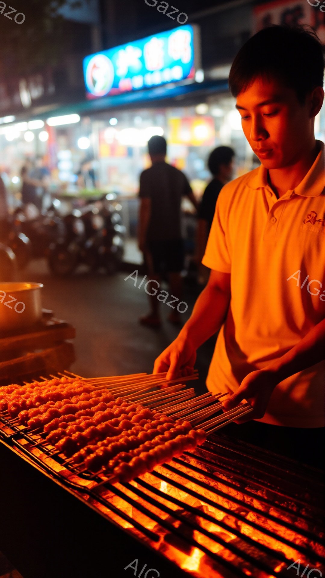 鮮やかなオレンジ色のポロシャツを着た男性が、炭火で串焼きを焼いている様子が捉えられています。彼は真剣な表情で串を注意深く見ており、集中して作業に取り組んでいることが伝わってきます。背景には、ネオンサイ - AI生成フリー素材