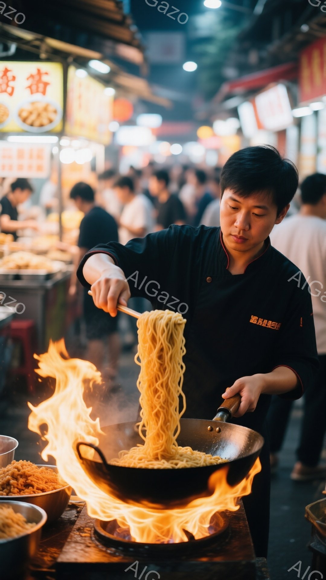 料理人は黒いエプロンを着ており、短髪で真剣な表情をしています。彼は大きなフライパンの中で麺を炎で炒めており、ダイナミックな動きを見せています。背景には多くの人々や屋台があり、活気のある夜の屋台街の雰囲 - AI生成フリー素材