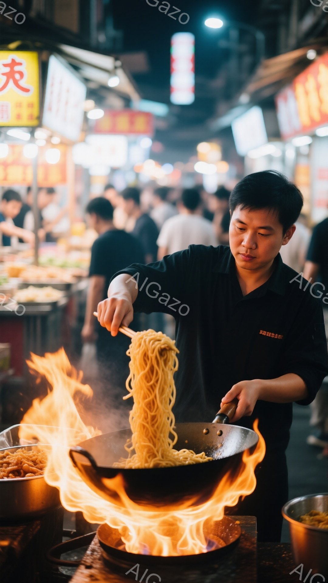 男性は黒い制服を着ており、短く整えられた髪型をしている。彼は大きなフライパンの中で麺を炎で炒めており、真剣な表情で調理に集中している。背景には多くの人々や屋台がぼやけ、夜の賑やかな屋台街の雰囲気が伝わ - AI生成フリー素材