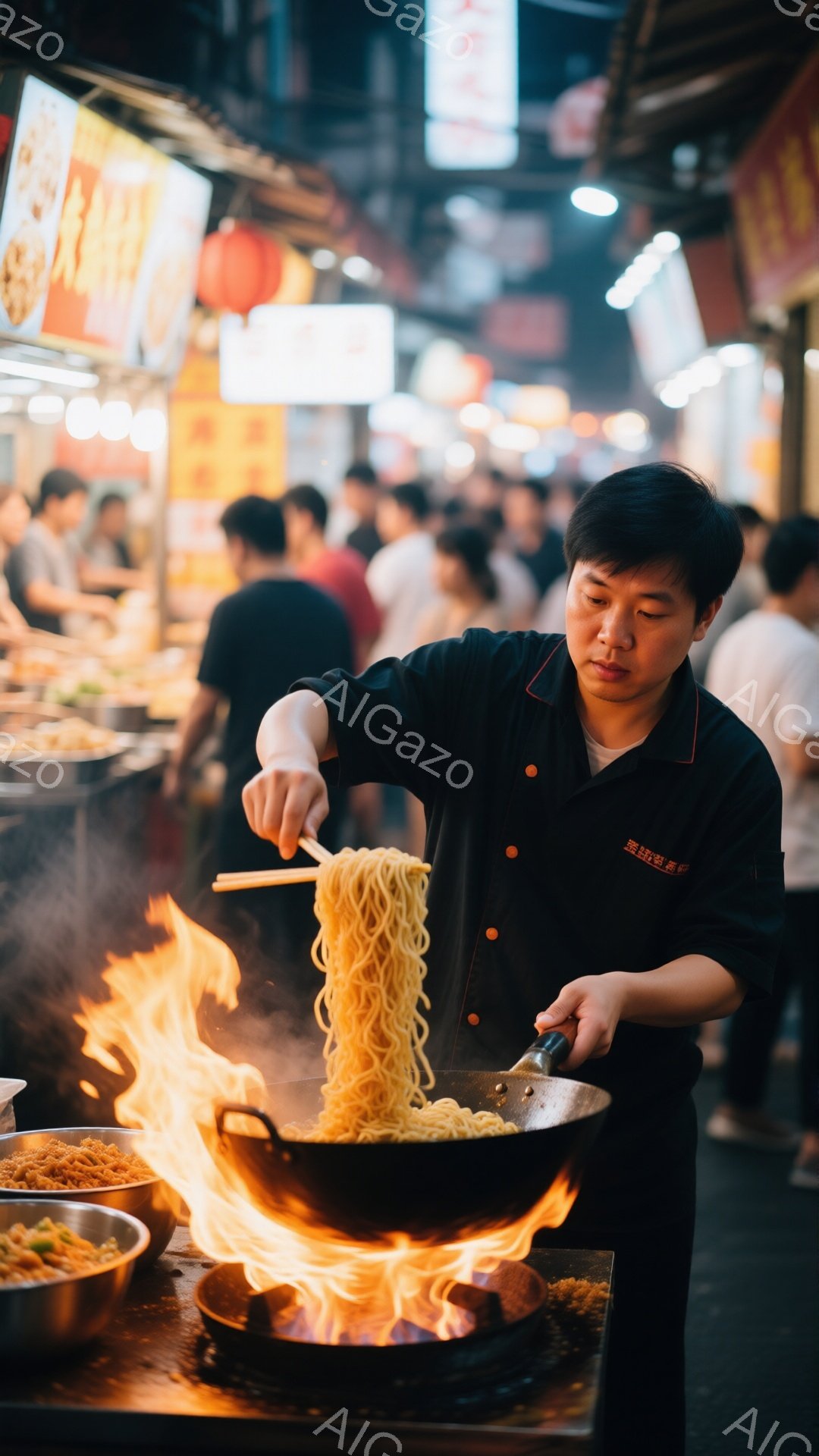 屋台で男性が麺を炒めている様子が写っている。黒いシャツに赤い縁取りのある作業着を着ており、短く刈り込んだ髪型で真剣な表情をしている。背景には多くの人々や屋台が密集しており、活気のある夜の屋台街の雰囲気が伝わる。