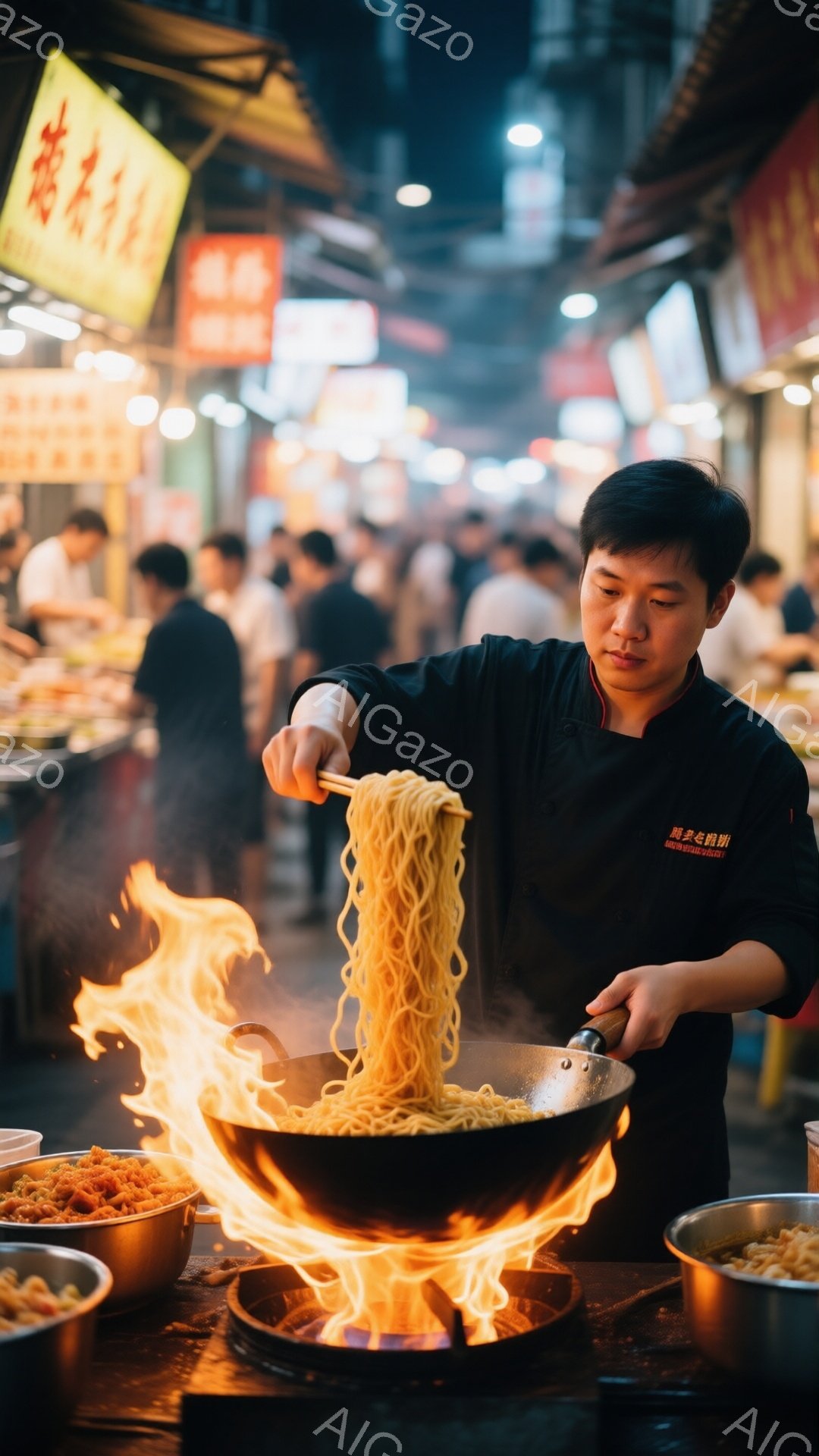 屋台で男性が麺を調理している写真です。黒い作業着を着ており、短髪で真剣な表情でフライパンを操っています。背景には多くの人が歩き回り、屋台が立ち並び、活気のある夜の市場の雰囲気が伝わってきます。