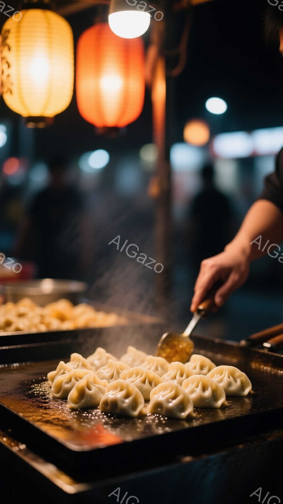 熱い鉄板の上で、たくさんの餃子が焼かれています。背景にはぼやけた提灯が灯り、屋台の賑やかな雰囲気が漂っています。餃子を返すための金属製のヘラを持つ手が、調理の真っ最中であることがわかります。