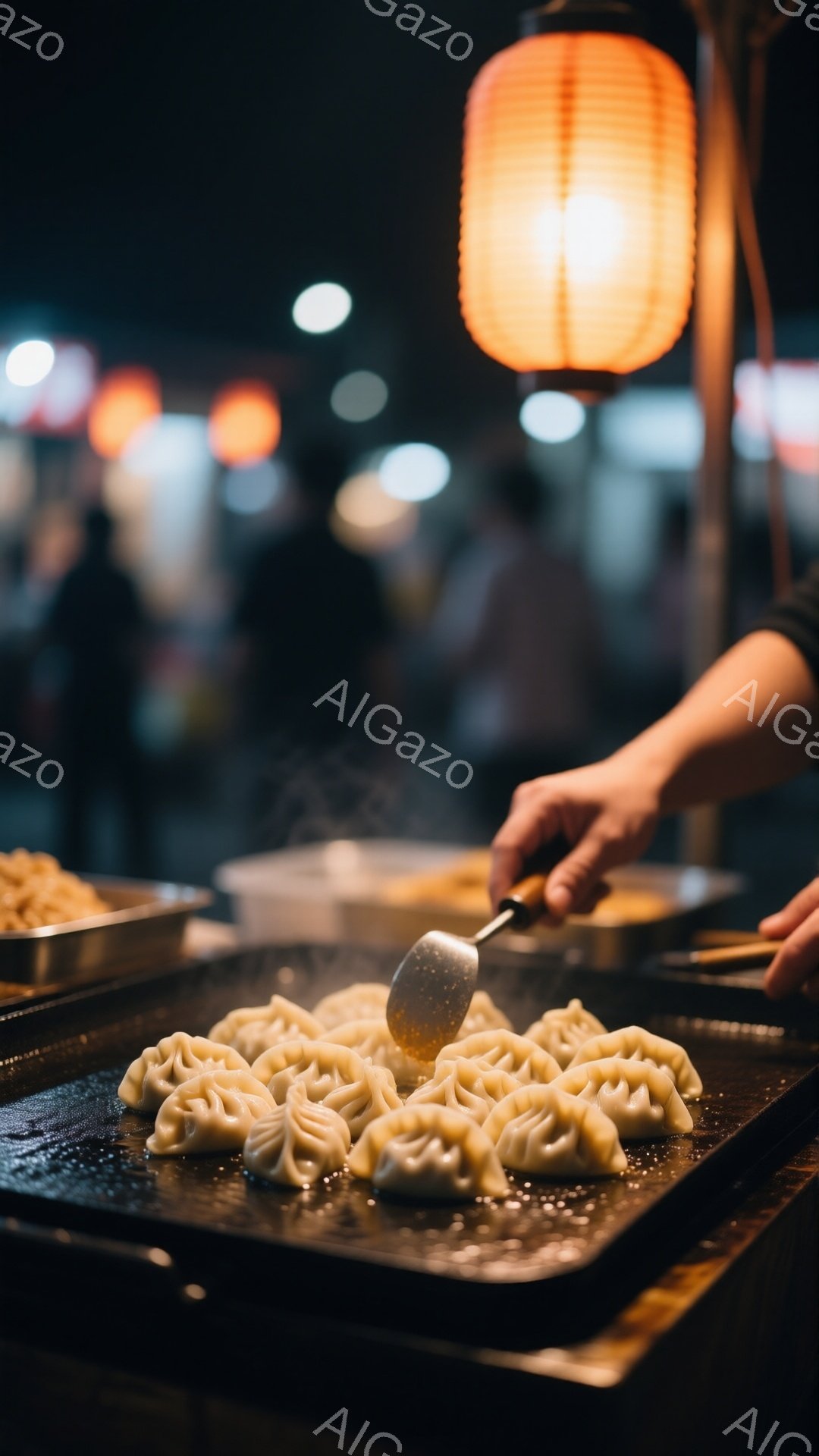 蒸し器で焼かれている餃子が、鉄板の上で湯気を立てています。背景にはぼやけた人々と赤い提灯が見え、屋台の賑やかな雰囲気が伝わってきます。手元には金属製のヘラがあり、熱々のおいしそうな餃子を盛り付けている様子が伺えます。