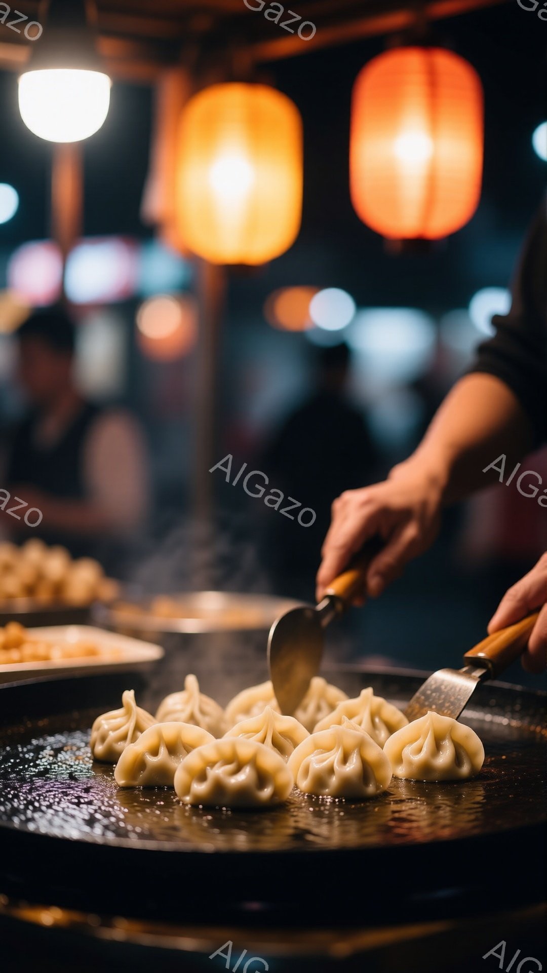 熱い鉄板の上で、何個かの餃子が焼かれています。背景にはぼやけた人影と、暖色系の提灯が並んでおり、屋台の賑やかな雰囲気が伝わってきます。調理者は金属製のスパチュラを使って、丁寧に餃子を焼き上げています。