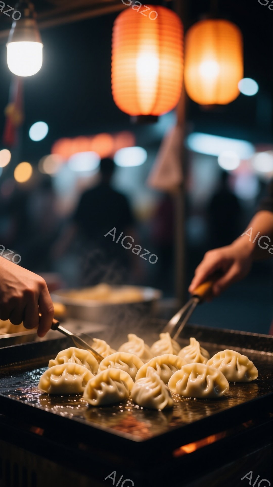 熱い鉄板の上で、たくさんの餃子が調理されている様子が捉えられています。手は餃子をひっくり返すためにトングを使用しており、背景にはぼやけた人影と、温かい光を放つ提灯が見えます。 全体的に、賑やかで活気のある屋台の雰囲気が伝わってきます。