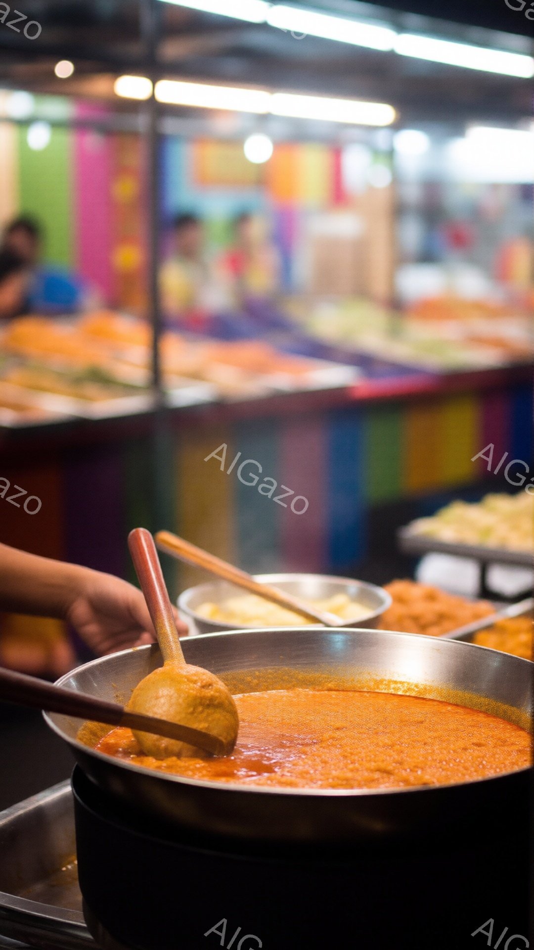 鮮やかな色彩の背景に、オレンジ色のソースが入った大きなステンレス製の鍋が写っている。木製の柄の大きなスプーンが鍋に入っており、ソースを混ぜるか、取り分ける準備をしている様子が伺える。背景には、他の料理や人々が見え、賑やかな食事の風景を示唆している。