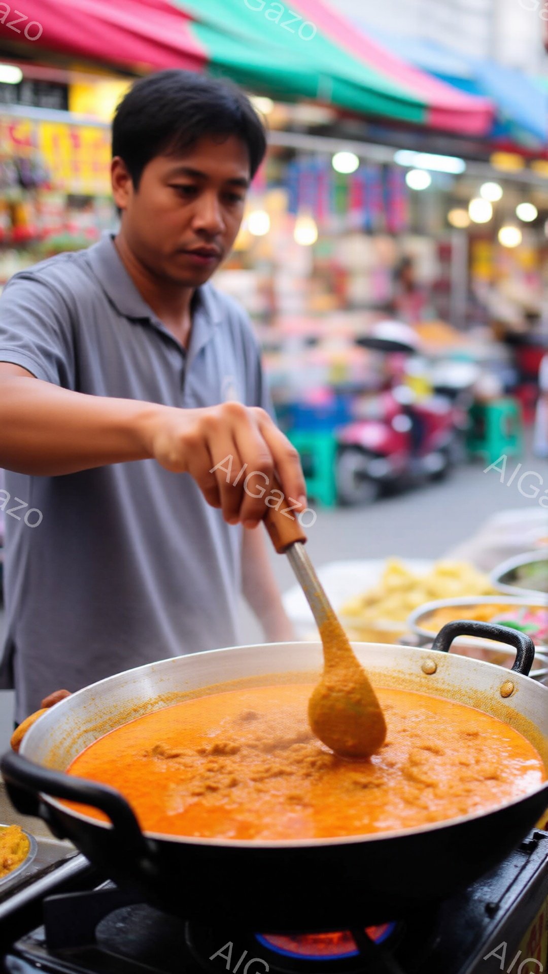 男はグレーのポロシャツを着ており、黒髪を短く刈り込んでいる。彼は大きなフライパンの中で赤いソースを木製のスプーンでかき混ぜている様子が捉えられており、真剣な表情で調理に集中している。背景には屋台が並び - AI生成フリー素材