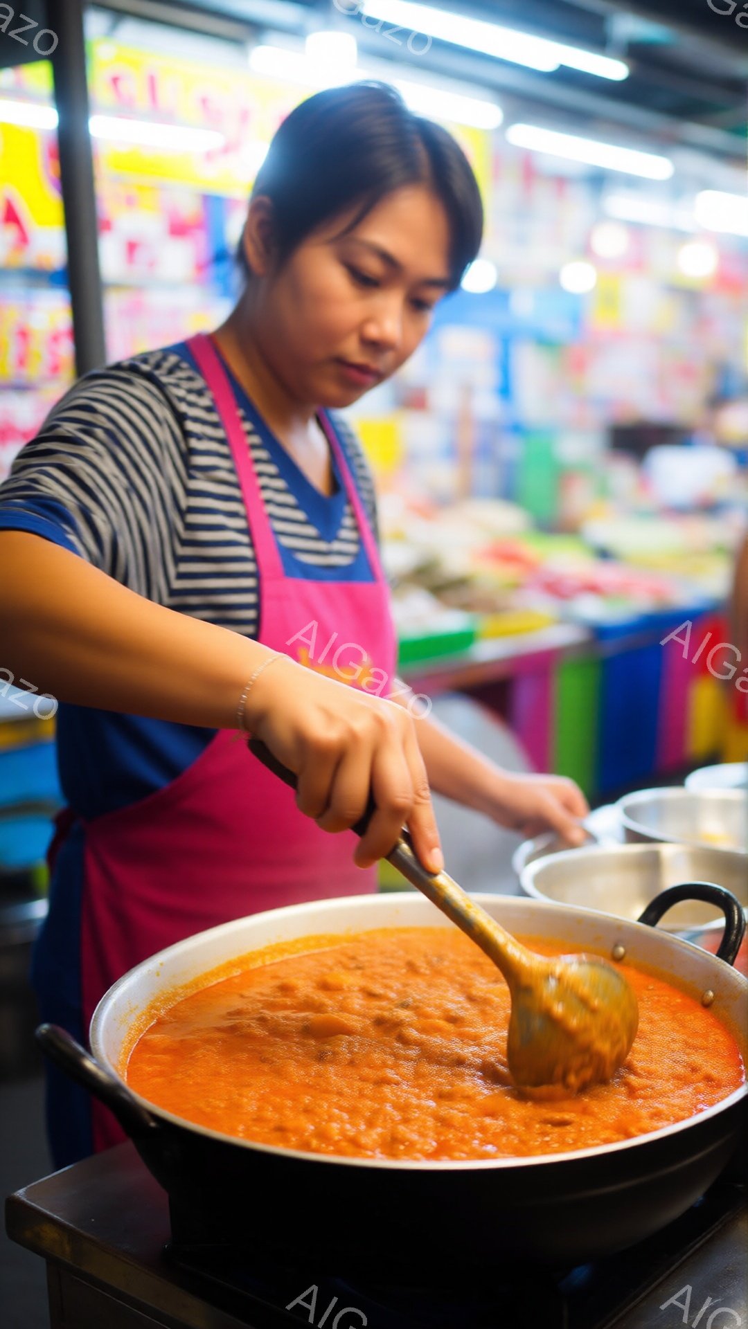 ピンクのエプロンを身につけた女性が、大きな鍋の中身を木製のヘラで混ぜています。彼女は黒いストライプのシャツを着ており、髪は後ろでまとめられています。背景には、色とりどりの商品が並んだ市場の様子がぼやけて見え、活気のある雰囲気が伝わってきます。