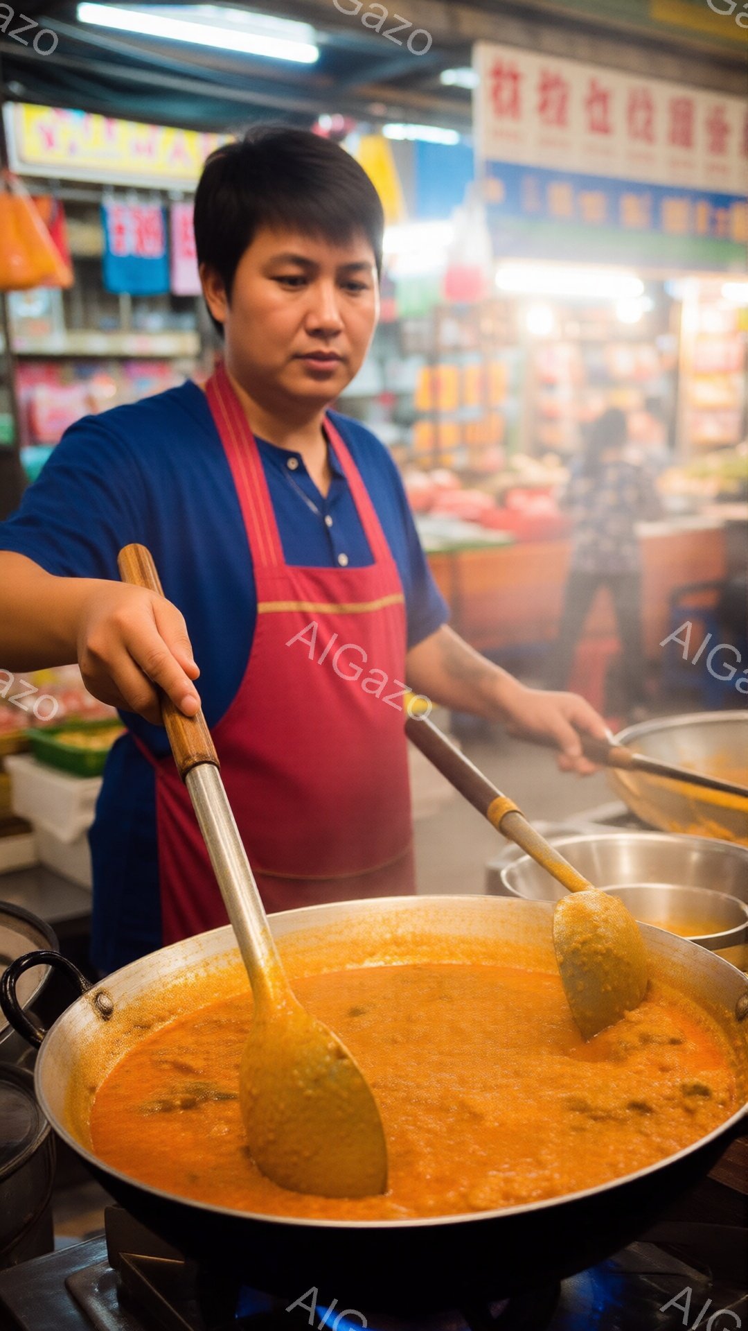 屋台で調理をしている男性が写っています。彼は青いシャツに赤いエプロンを着用し、鍋の中の料理を大きな木製のヘラで混ぜています。背景には他の屋台や商品がぼやけて写り、活気のある市場の雰囲気が伝わってきます。
