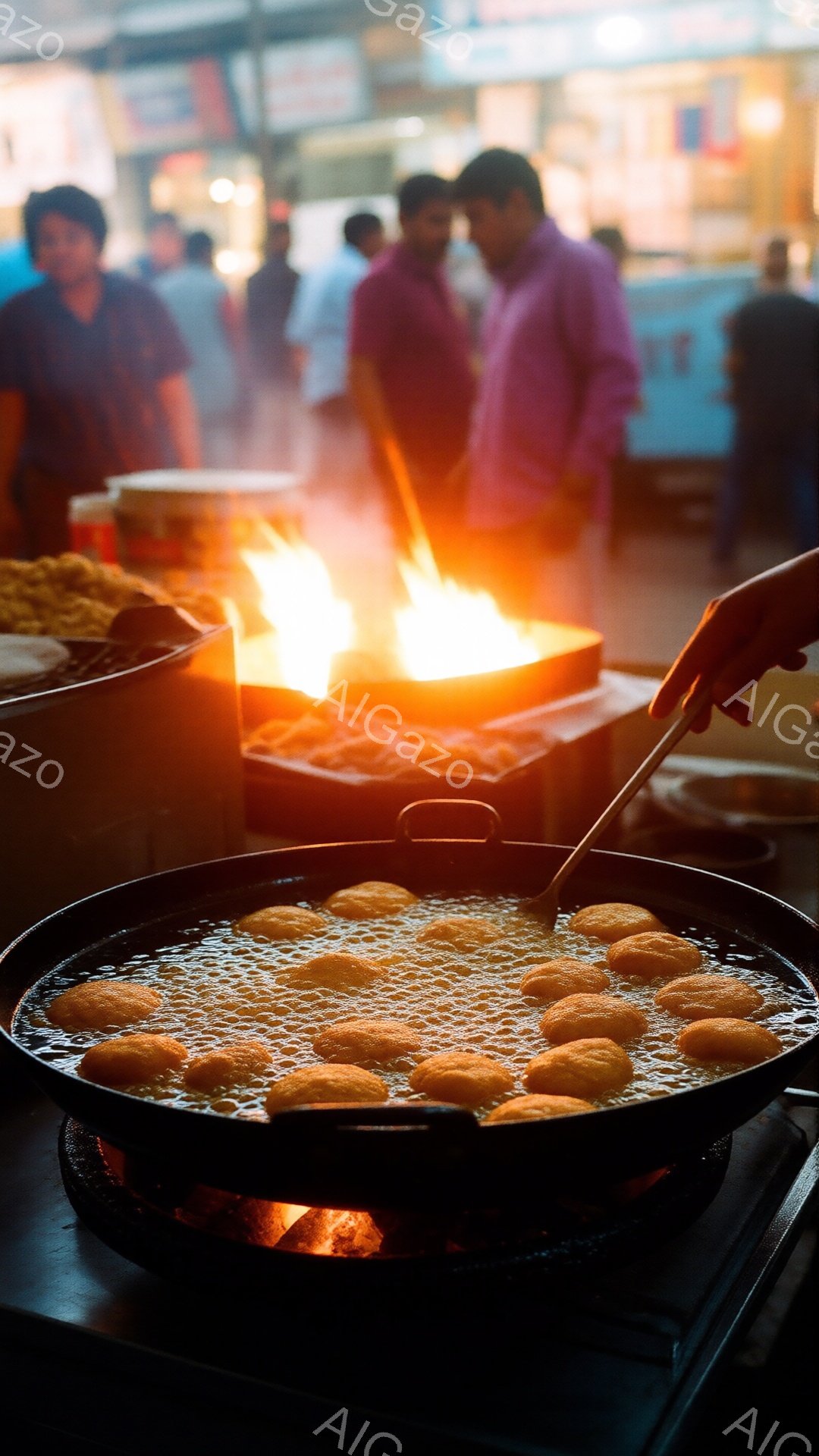 広大な平らなフライパンで油の中で小さな団子が揚げられています。背景にはぼやけた人影が見え、赤いシャツを着た人物が目立ちます。全体的に暖色系の光が強く、屋台の活気ある雰囲気が伝わってきます。 - AI生成フリー素材