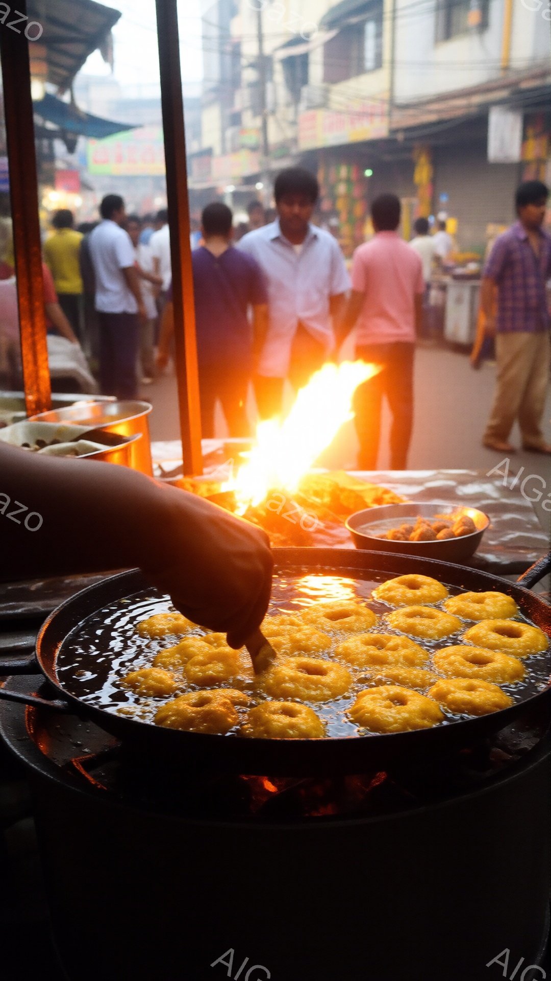 熱い油の中で、金色のドーナツのようなものが揚げられています。背景には人々が様々な服を着て歩いており、活気のある市場の様子が伺えます。全体的に埃っぽく、混沌とした、インドの路上料理の雰囲気が漂っています - AI生成フリー素材