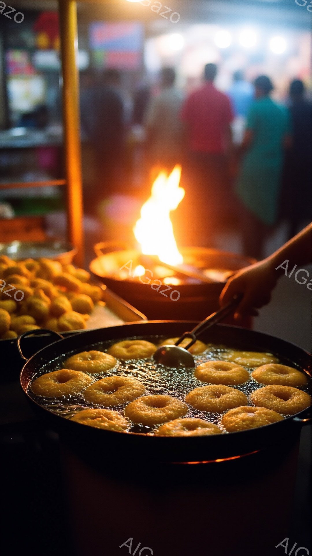 鉄板で揚げられるドーナツのようなものが並び、その奥には燃え盛る炎が見える夜の屋台の様子だ。手元には油を切るためのトングがあり、調理の準備が進められている。背景はぼやけており、多くの人が行き交う賑やかな雰囲気が感じられる。