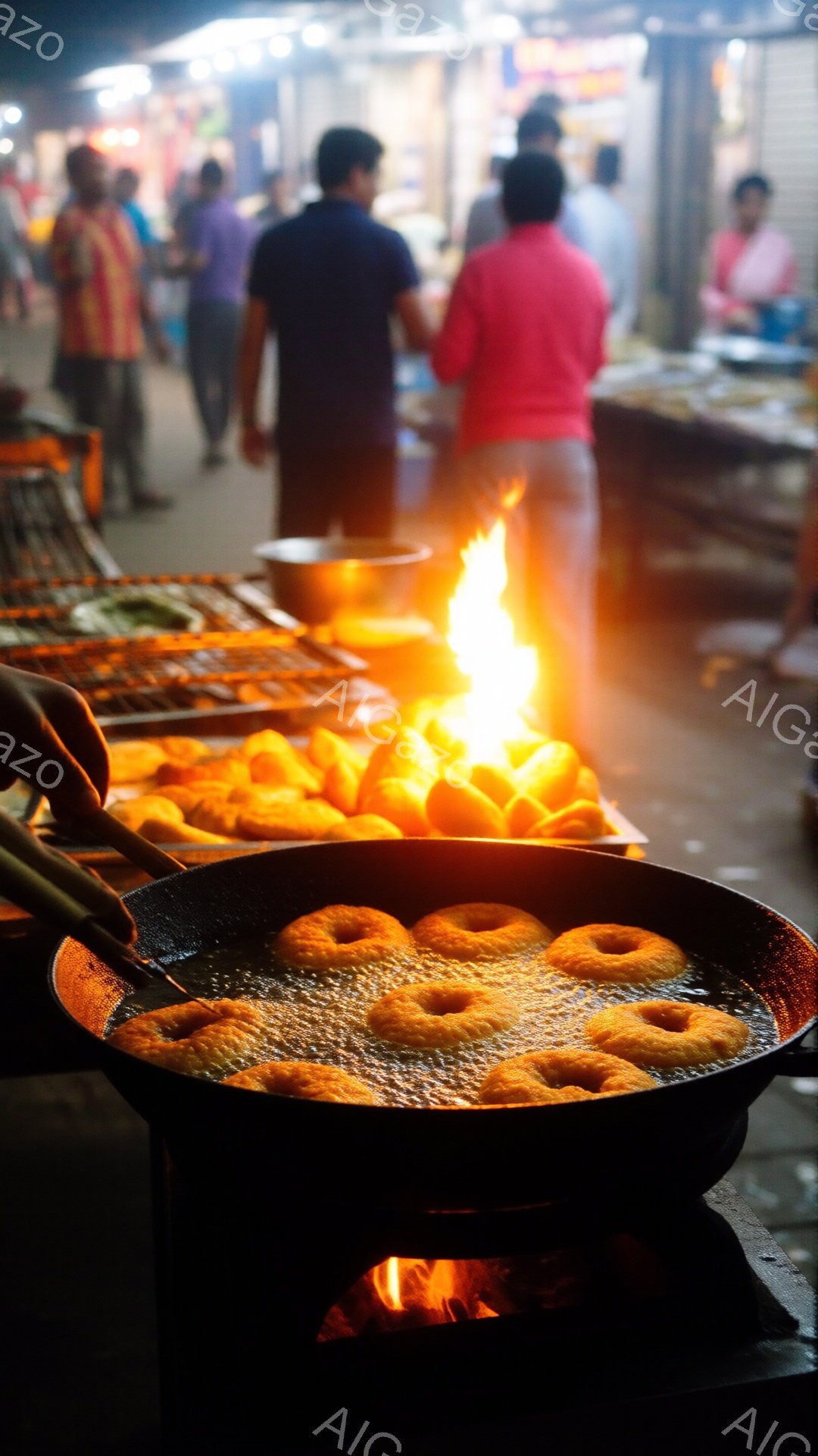 熱い油で揚げられる黄金色の食べ物たちが鉄板の上で並んでいる。背景には人々がぼんやりと見え、活気のある屋台の雰囲気が漂っている。炎が勢いよく立ち上り、食欲をそそる様子が伝わってくる。 - AI生成フリー素材