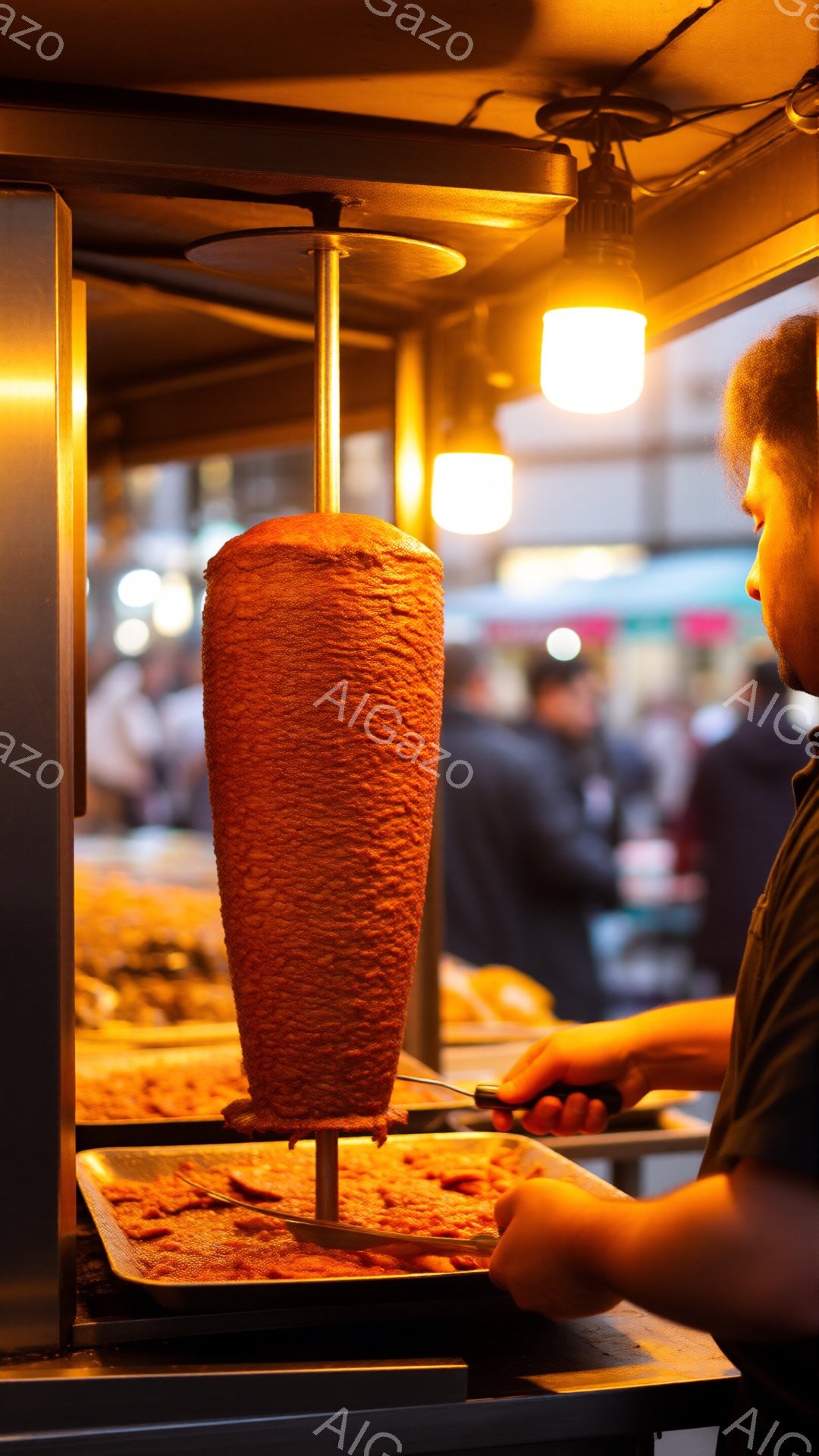回転する肉の塊が、金属製の棒に刺さって調理されている様子が捉えられている。背景には人影が見え、屋台のような場所で調理されていることがわかる。暖色系の照明が肉を照らし、食欲をそそる雰囲気を醸し出している。