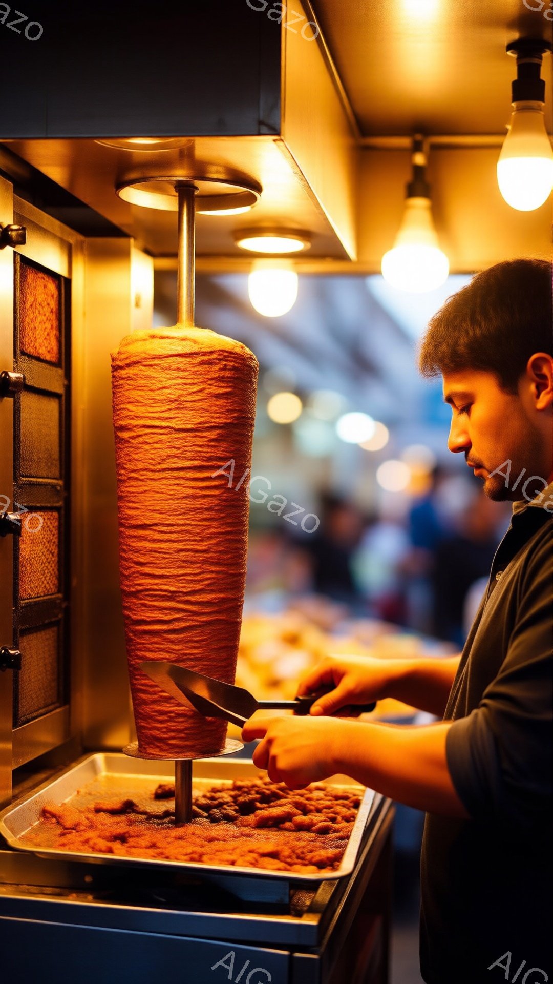 ケバブの肉が垂直に積み上げられた回転式グリルが写っており、男性がナイフを使って肉を薄く切り取っています。彼はダークカラーのシャツを着ており、短髪で真剣な表情で作業に集中しています。背景にはぼやけた人々と光が灯った建物が見え、ケバブ屋台の活気のある夜の雰囲気が伝わってきます。