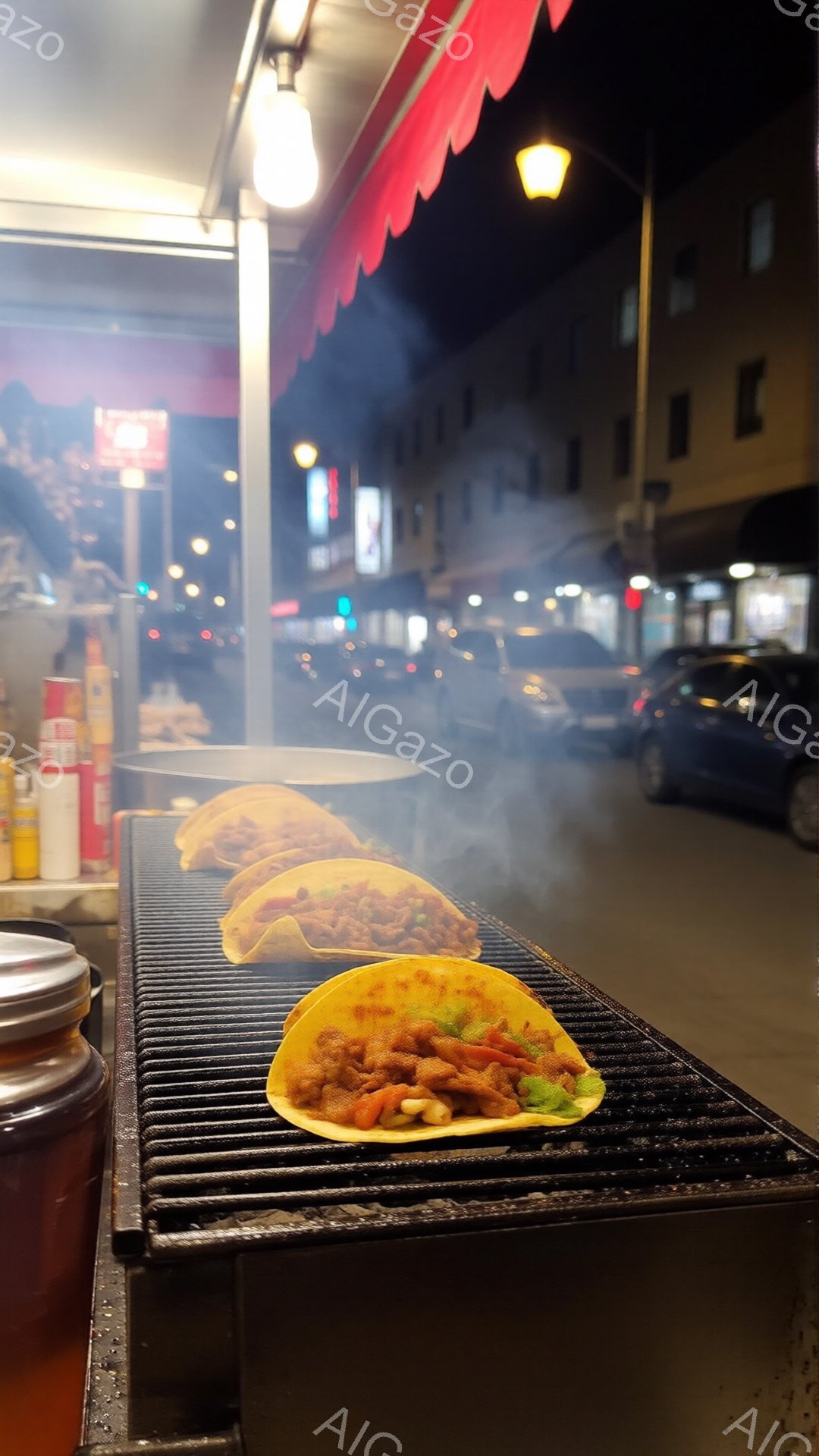 屋台の鉄板の上には、美味しそうなタコスが並べられています。背景には夜の街並みがぼんやりと見え、オレンジ色の光が灯り、煙が立ち込めています。活気があり、食欲をそそる雰囲気のストリートフードの風景です。