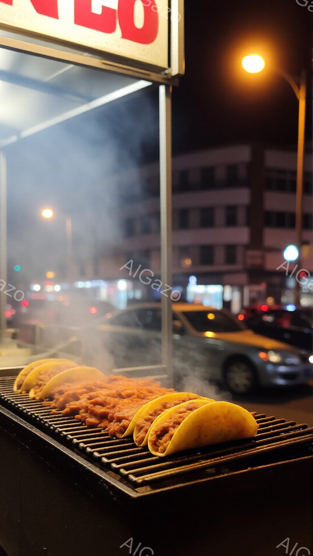 鉄板の上で焼かれているタコスが並べられており、湯気が立ち上っている様子が捉えられています。背景には夜の街並みが見え、オレンジ色の光がぼんやりと照らし出しています。暗い背景と焼けるタコスのコントラストが、食欲をそそる雰囲気を醸し出しています。