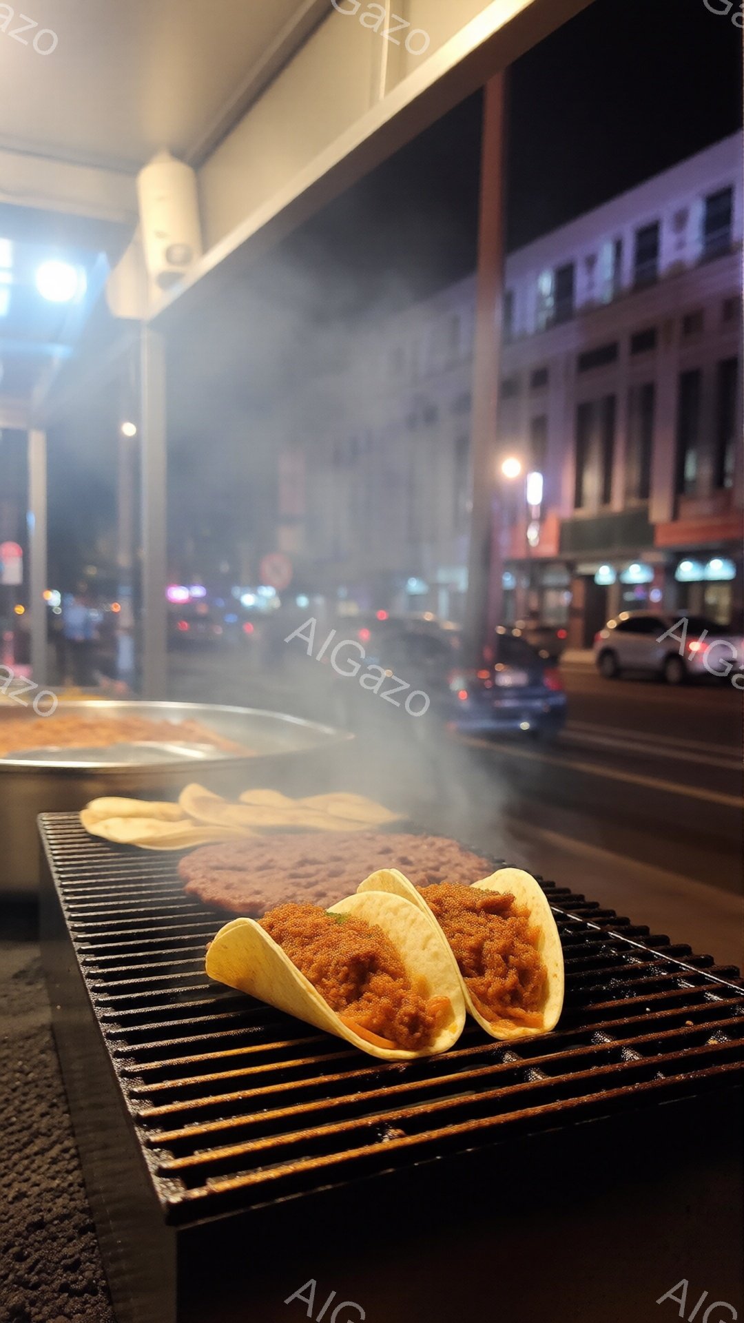 焼けた鉄板の上に、蒸気が立ち上るタコスが2つ並んでいる。背景には夜の街並みがぼやけて見え、建物や車がライトアップされている。活気のある屋台の雰囲気で、夕食時であることがわかる。