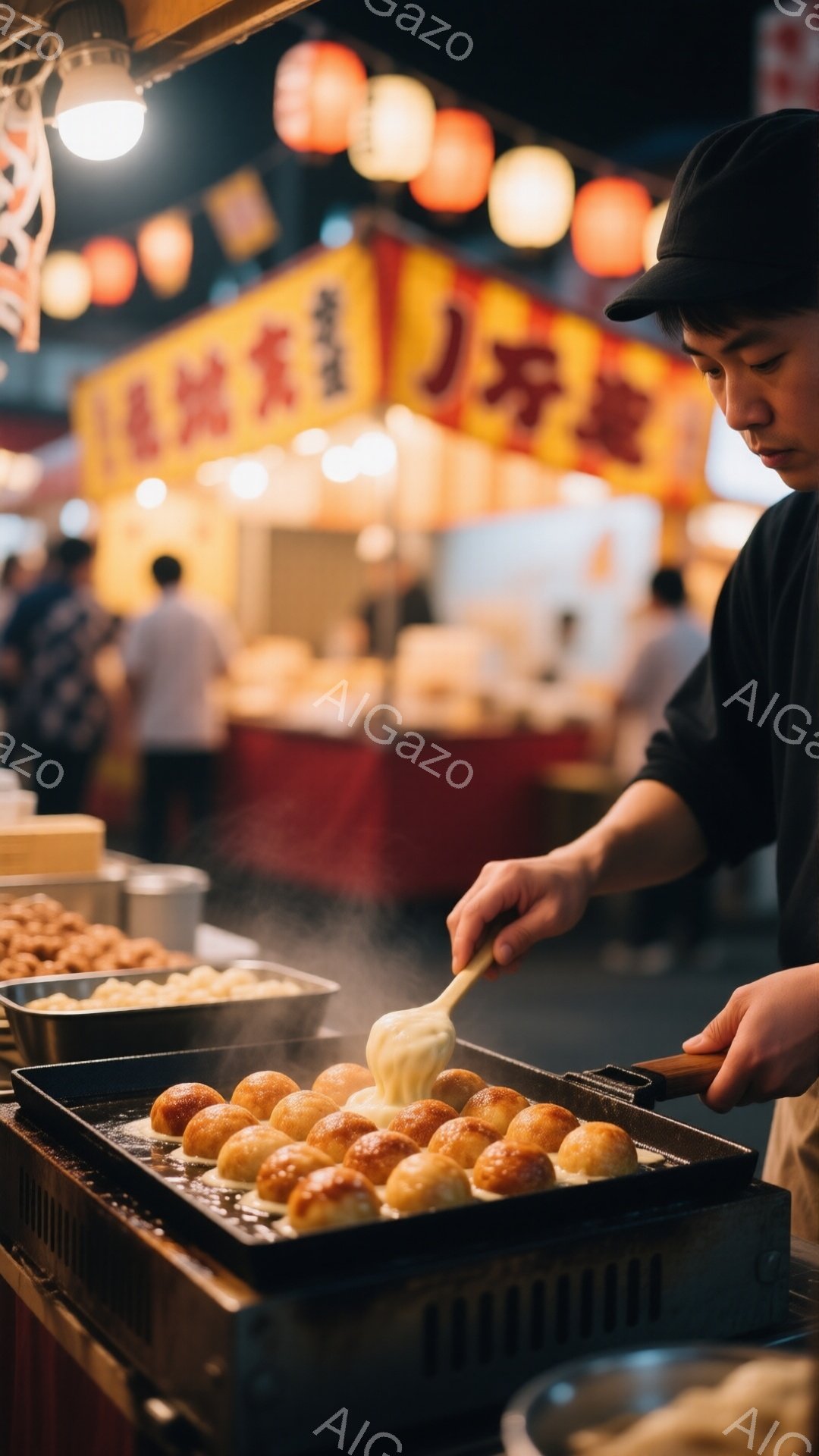 屋台で、男性が鉄板で丸い団子を焼いている様子が捉えられています。彼は黒いシャツを着ており、丁寧に油を塗って団子を焼き上げている姿からは、職人技が感じられます。背景には提灯が灯り、活気のある屋台の雰囲気が漂っています。