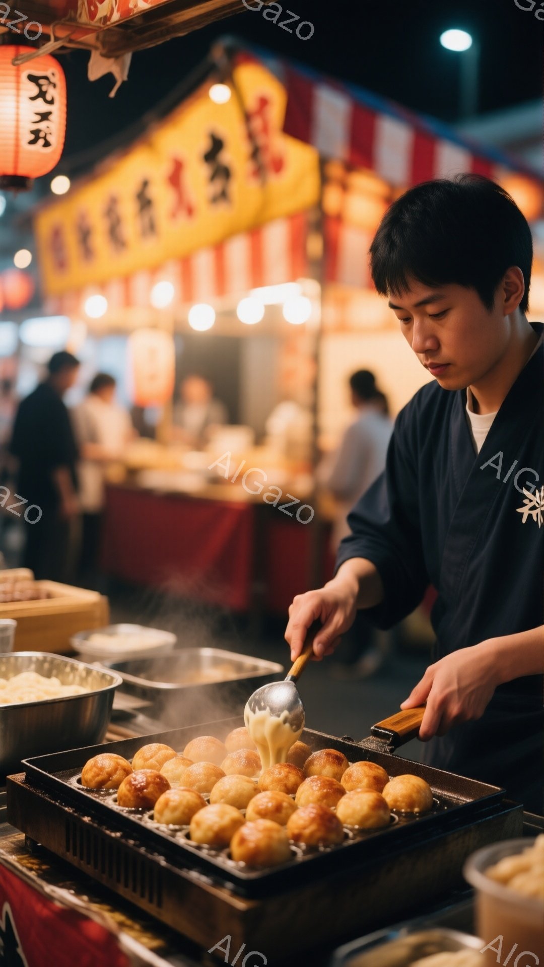 屋台でたこ焼きを作る男性が写っている。彼は黒いエプロンを着ており、短髪で真剣な表情でたこ焼きにソースをかけている。背景には他の屋台や人々が見え、賑やかなお祭りの雰囲気が漂っている。