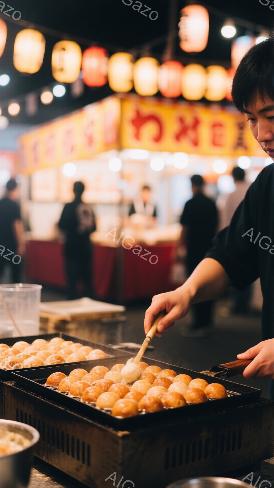 屋台でたこ焼きを作っている様子が写っている。男性は黒い半袖シャツを着ており、たこ焼きの鉄板の前にかがみこんで、竹串を使ってたこ焼きをひっくり返している。背景にはぼやけた提灯と屋台が並び、賑やかなお祭りの雰囲気が感じられる。