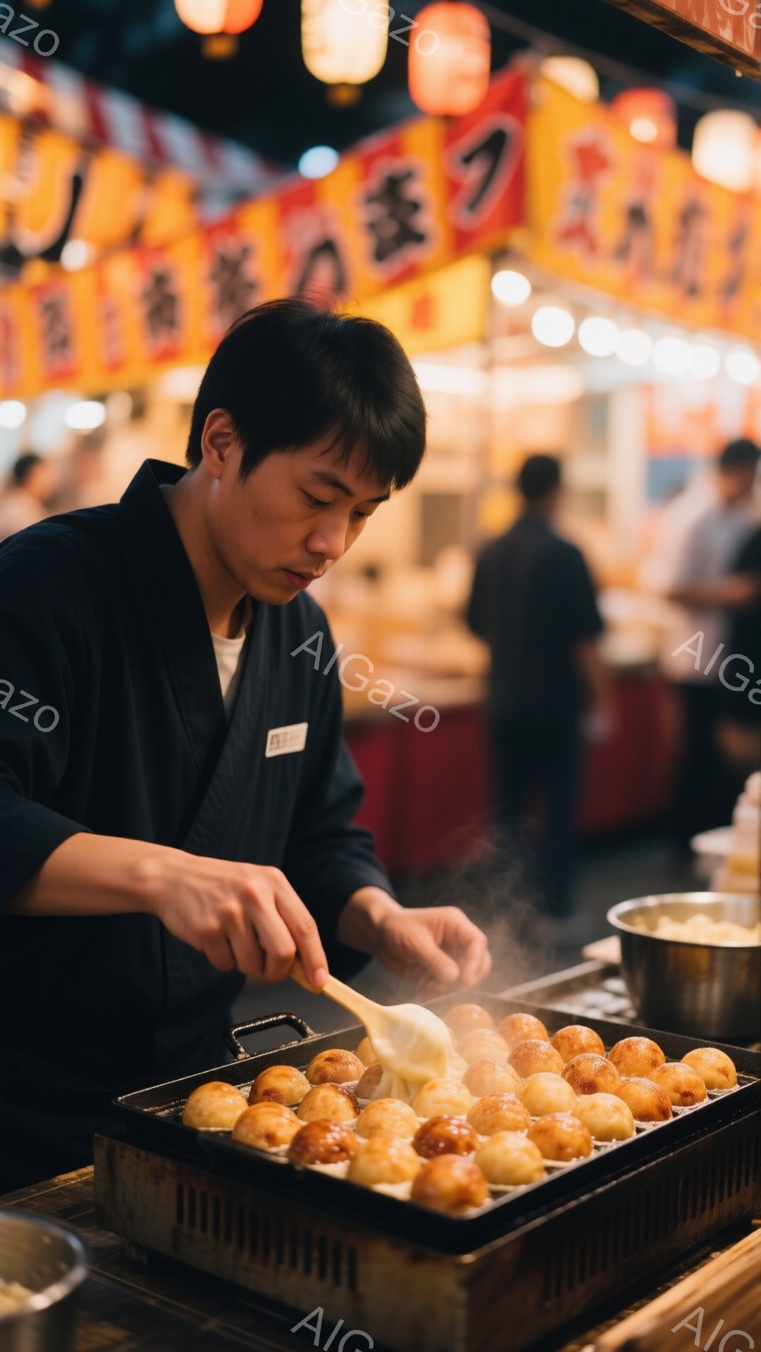 屋台で、男性が団子に甘いソースを塗っている様子が写っている。彼は黒い作業着を着ており、短髪で前髪が少し垂れている。背景には提灯が並び、多くの人が歩いていることから、賑やかな夜の屋台街であることがわかる。