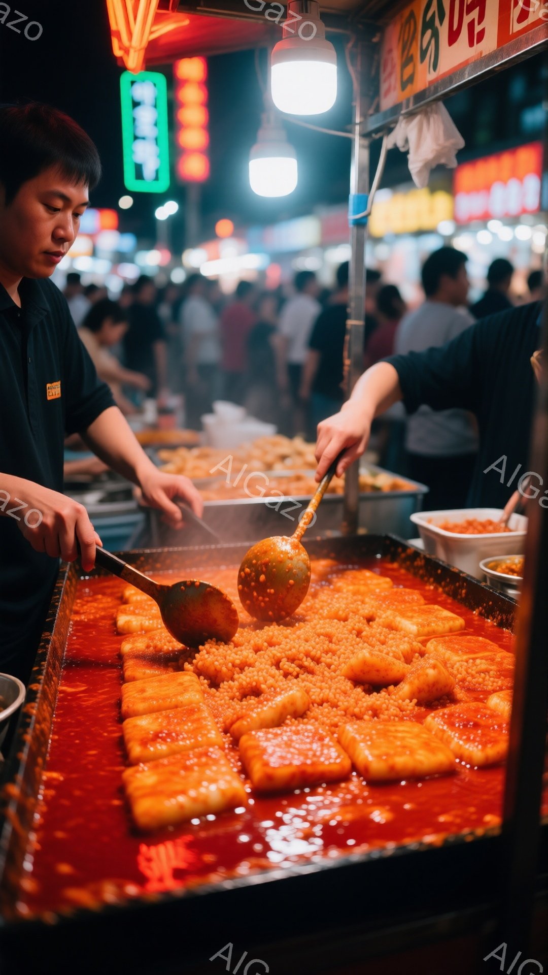 屋台のカウンター越しに、トッポギを調理する男性が写っている。彼は黒い髪で、黒いエプロンを着ており、真剣な表情でトッポギを大きな鍋から取り出す作業をしている。背景には賑やかな屋台街の光景がぼやけて写り、暖色系の照明が活気ある雰囲気を醸し出している。