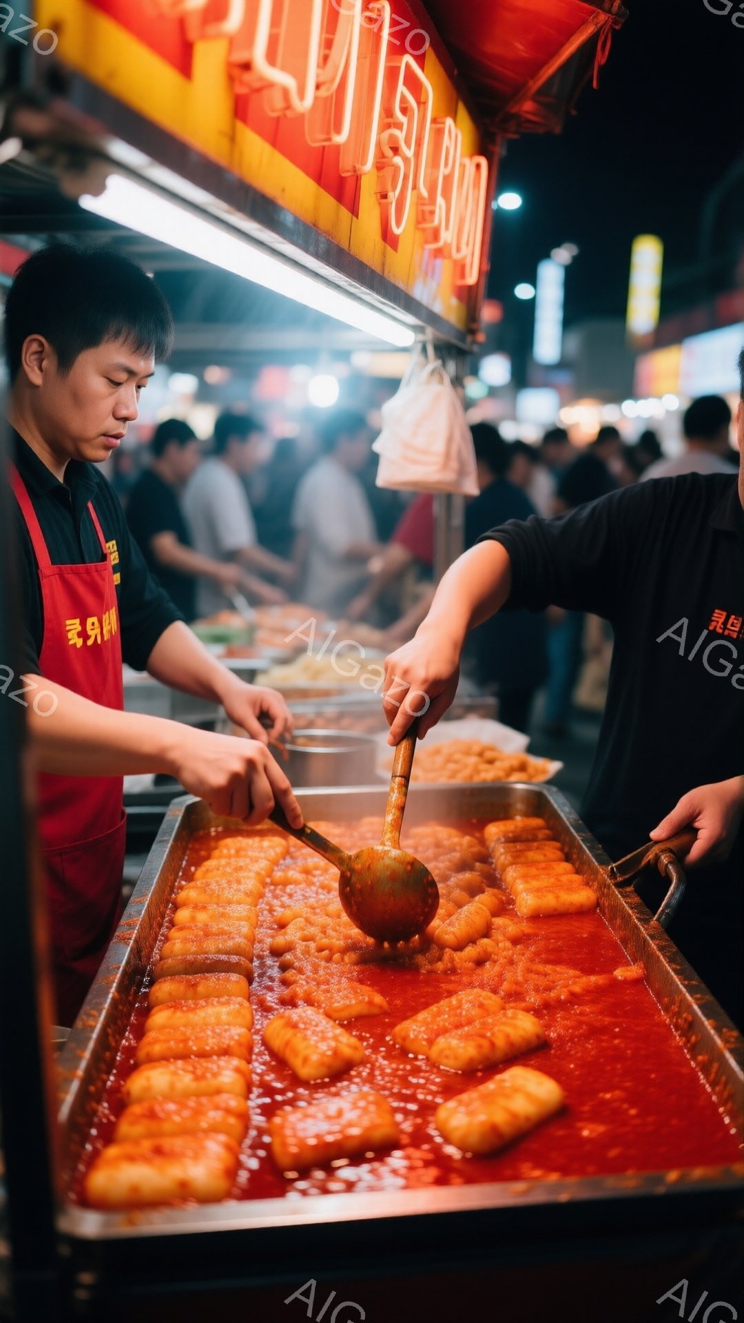 屋台でトッポギを調理する男性が写っている。赤いエプロンをつけ、黒髪を短く刈り込んだ彼は真剣な表情で、大きな鍋の中のトッポギにソースをかけている。背景には多くの人々や屋台の明かりが見え、活気のある夜の屋台の雰囲気が伝わってくる。