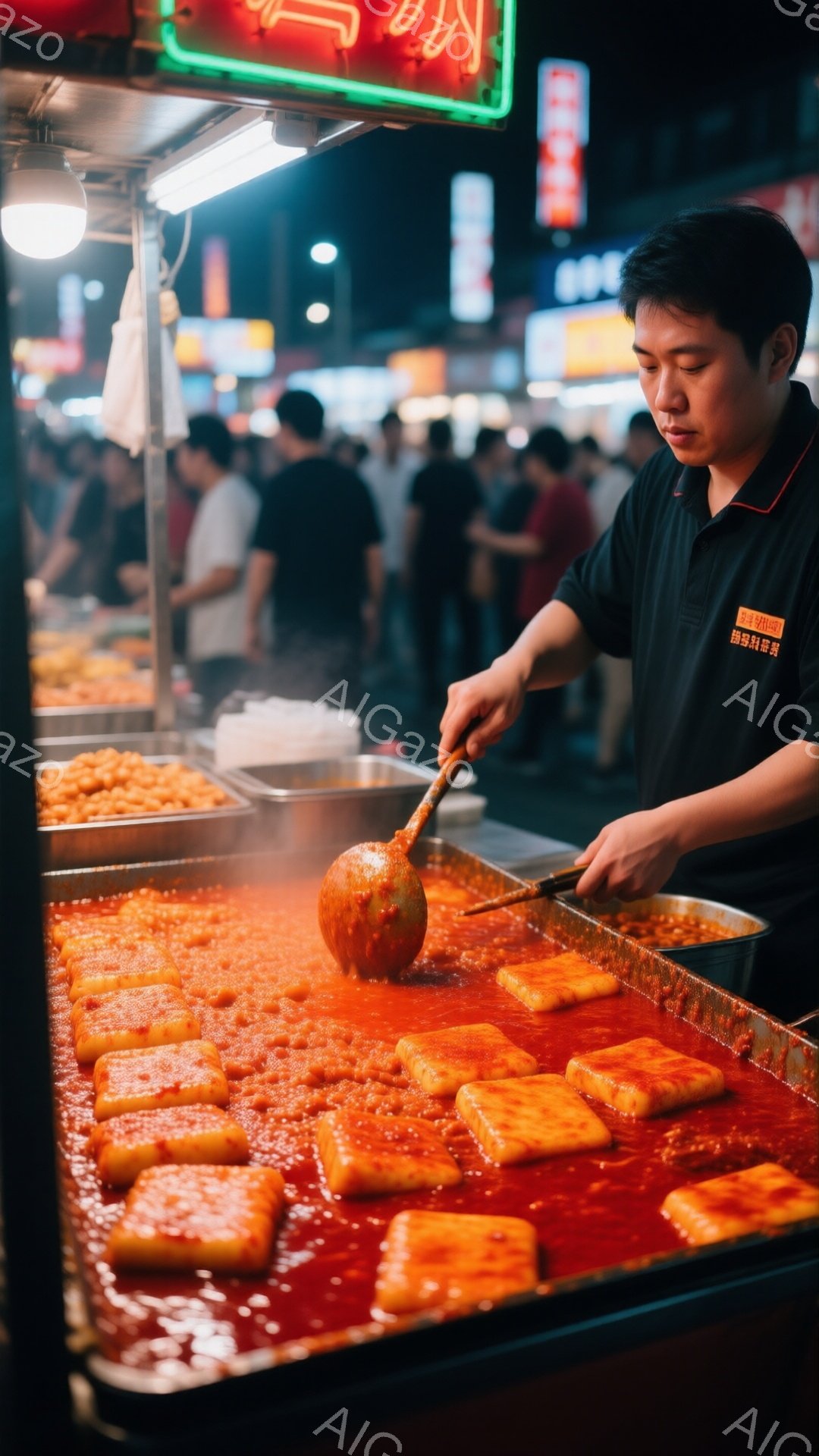 屋台の男性が、赤いソースに浸された四角いおでんのような食品を大きなヘラで混ぜています。彼は黒いシャツに赤い縁取りがあり、短髪で、集中した表情をしています。背景には、多くの人々がぼやけており、夜の賑やかな市場の雰囲気を感じさせます。