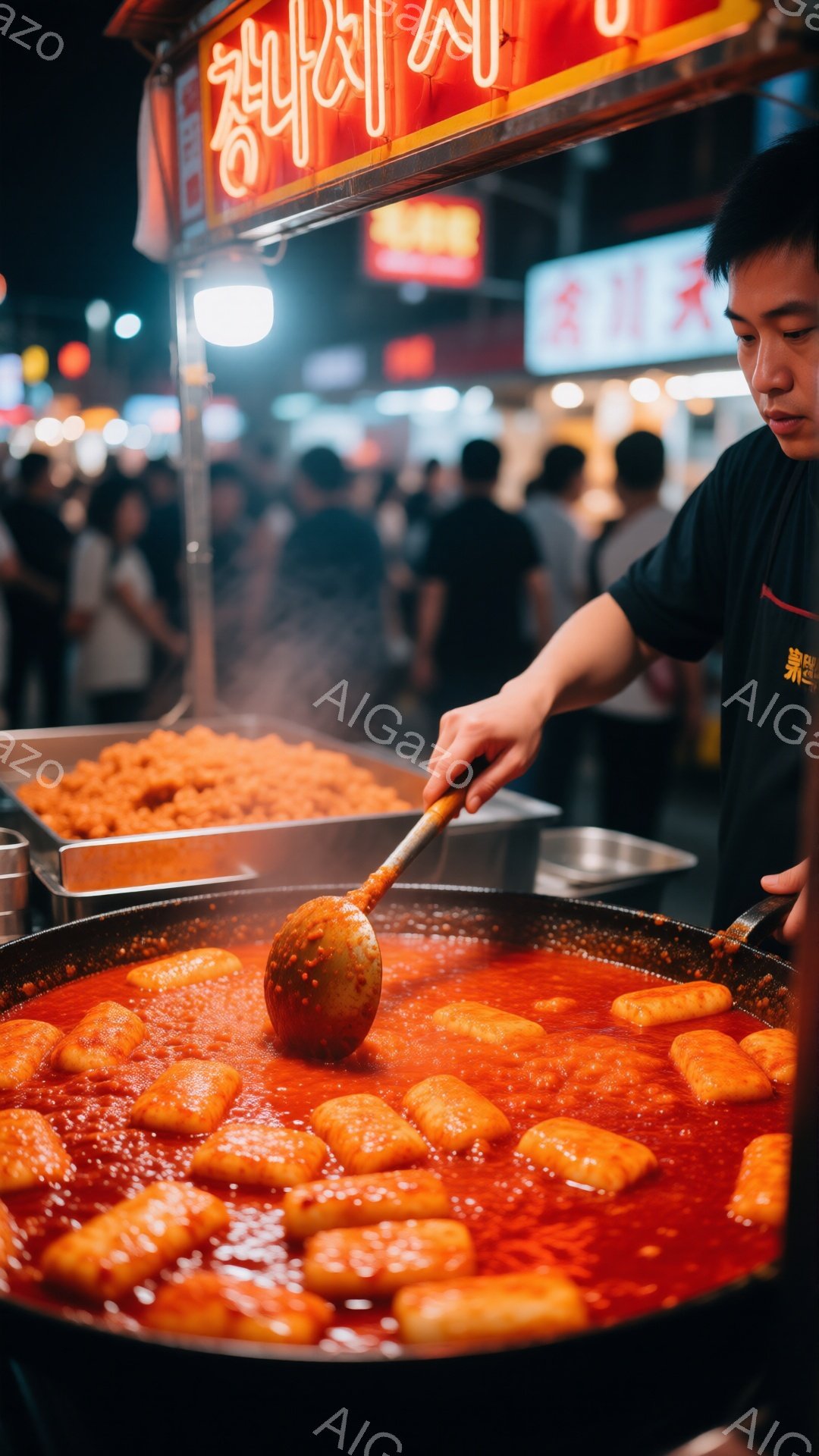 大きな鍋の中で赤いソースに浸されたトック（韓国のお餅）が大量に調理されている様子が写っている。男性は黒い服を着ており、トックを混ぜるために大きな木製のヘラを持っている。背景には、ネオンサインが点灯し、多くの人々が歩いている夜の屋台の賑やかな様子がうかがえる。