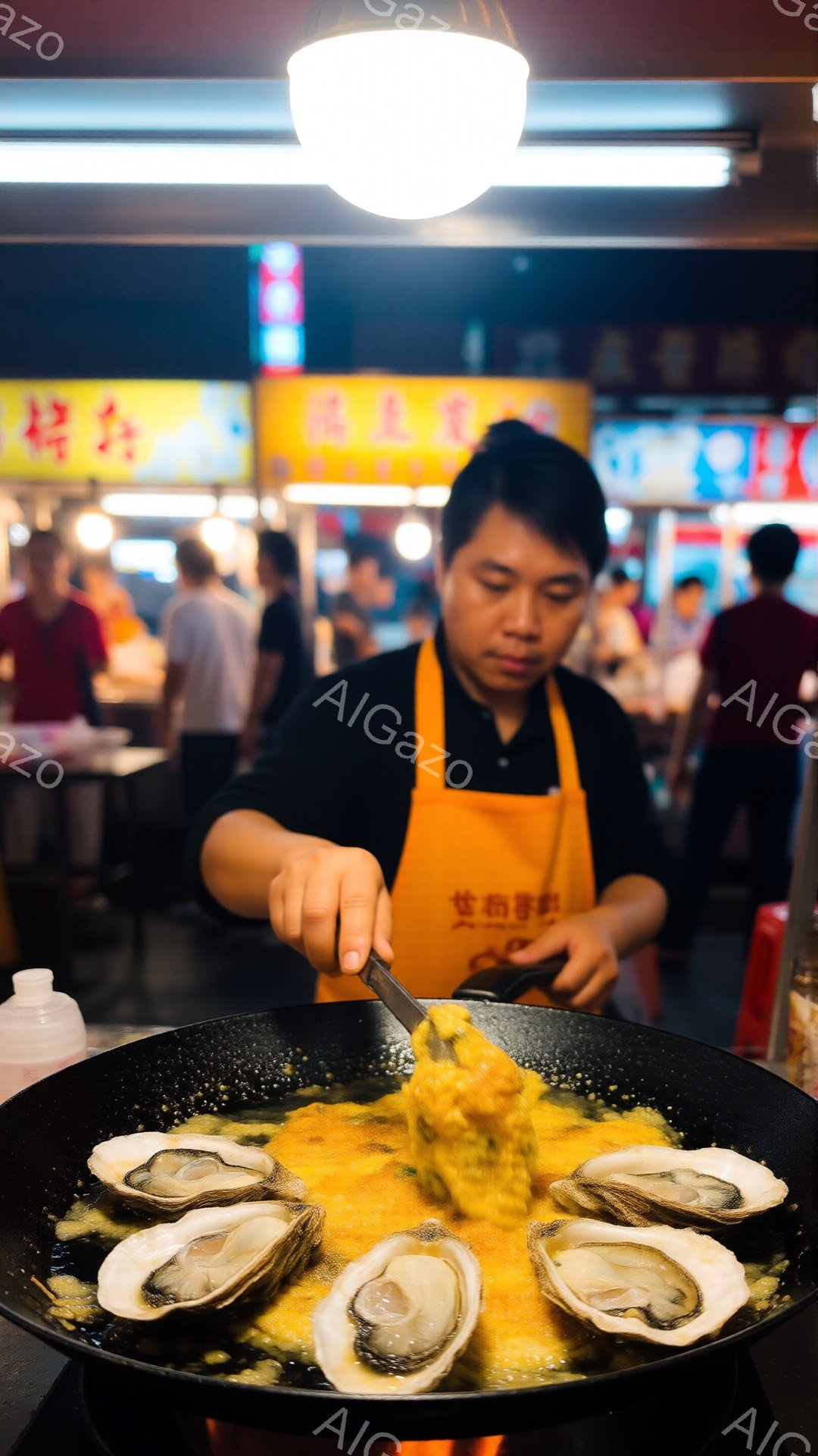 鉄板で牡蠣を焼いている男性が写っています。彼は黒いシャツにオレンジ色のエプロンを着用し、短髪で真剣な表情をしています。背景には賑やかな屋台や人々の姿が見え、活気のある夜の市場の雰囲気が伝わってきます。