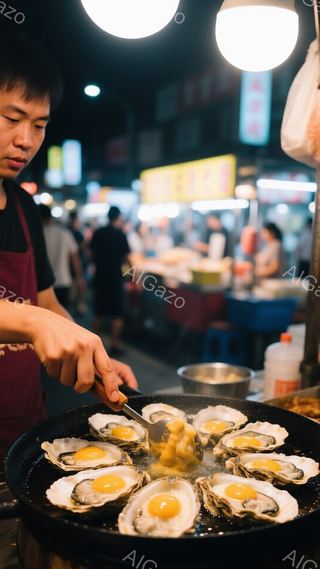 屋台で牡蠣を焼いている男性が写っている。彼は赤いエプロンを着ており、真剣な表情で牡蠣に何かをかけている。背景には他の屋台や人々が見え、活気のある夜の市場の雰囲気が漂っている。
