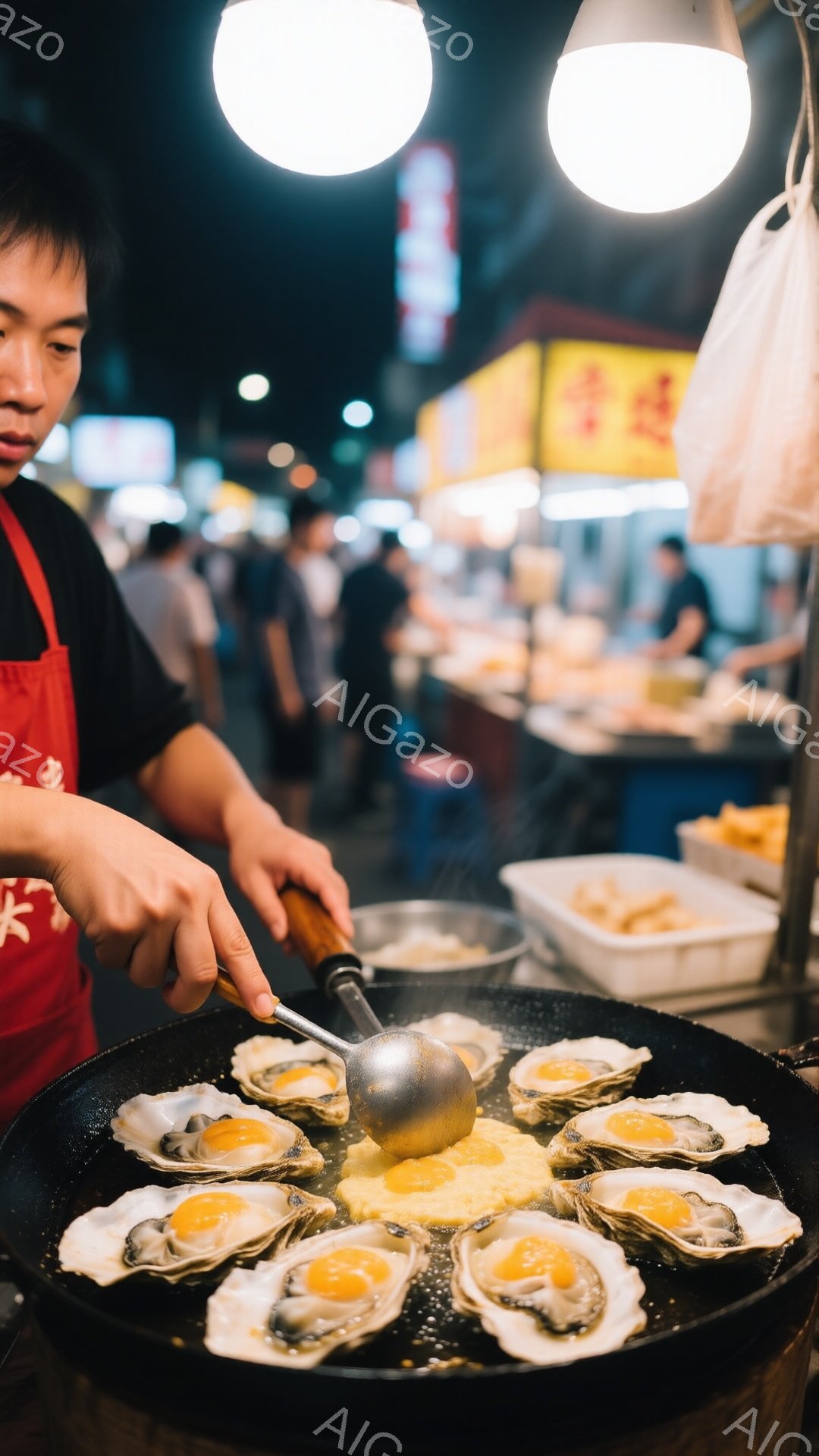 黒いエプロンをつけた男性が、大きな鉄板でアサリを調理している様子が写っている。アサリは殻に乗ったまま、黄色の卵黄を乗せて焼かれており、調理器具で慎重に扱われている。背景には屋台が並び、活気のある夜の市場の雰囲気が伝わる。