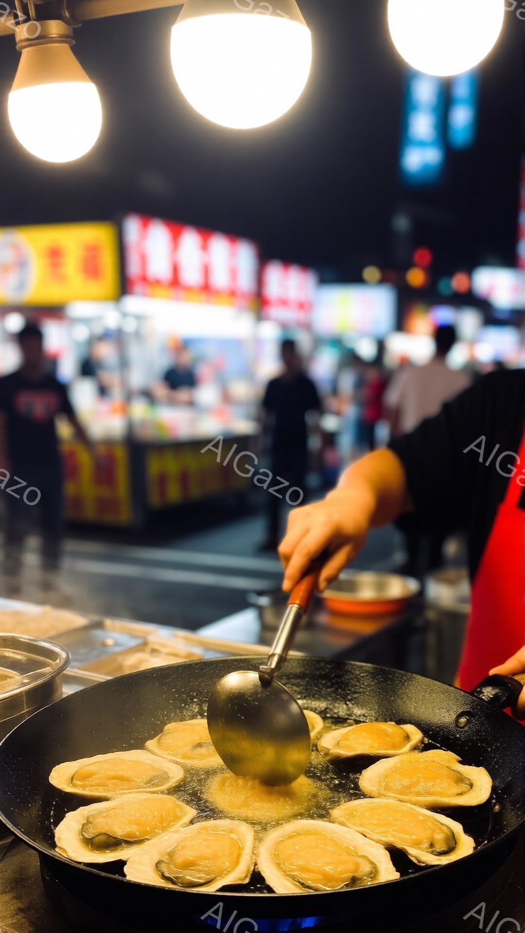 大きな鉄板の上で、貝柱のような形をした食べ物が焼かれています。赤いシャツを着た人が、調理用のスプーンでそれらを慎重にひっくり返しています。背景には、人々と屋台がぼやけて見え、活気のある屋台の雰囲気が伝わってきます。