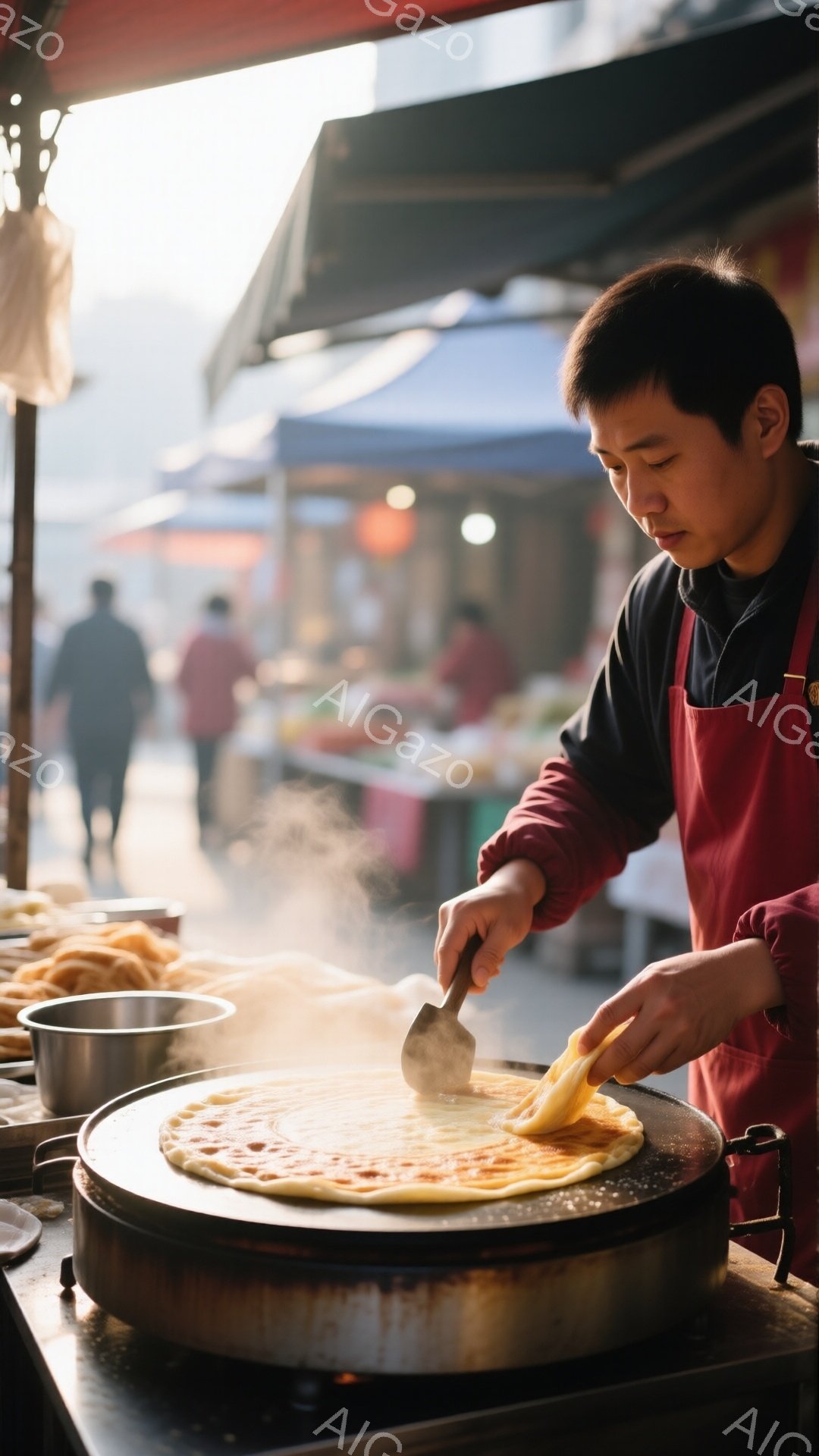 屋台で男性が調理をしている写真です。彼は黒いシャツに赤いエプロンを着用し、鍋の中で薄いパンケーキのようなものを調理しています。背景には他の人々がぼやけており、屋台が並ぶ活気のある通りが広がっており、全体的に暖かく賑やかな雰囲気が漂っています。
