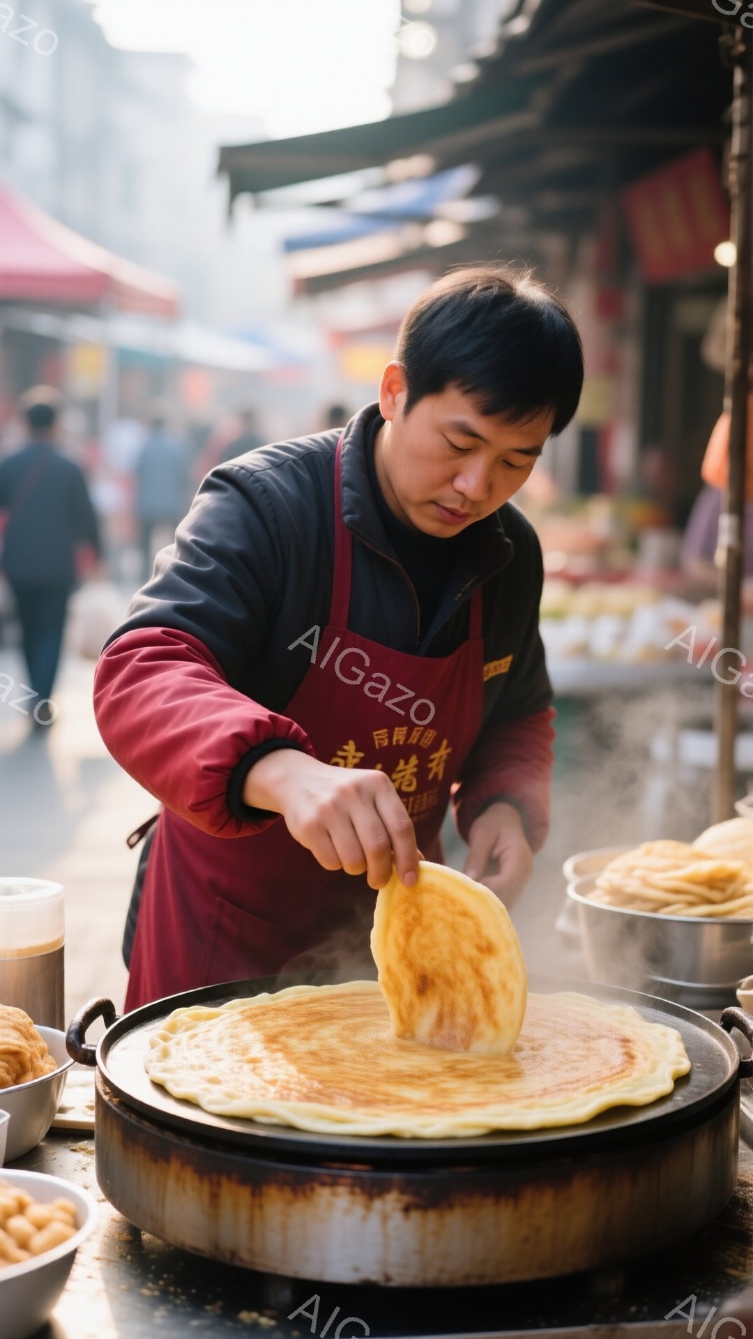 屋台で男性が大きな平らな鉄板で何かを調理している様子が写っている。彼は赤いエプロンをつけ、黒いジャケットを着ており、集中した表情で生地をひっくり返している。背景には他の屋台や人々が見え、活気のある市場の雰囲気を感じさせる。