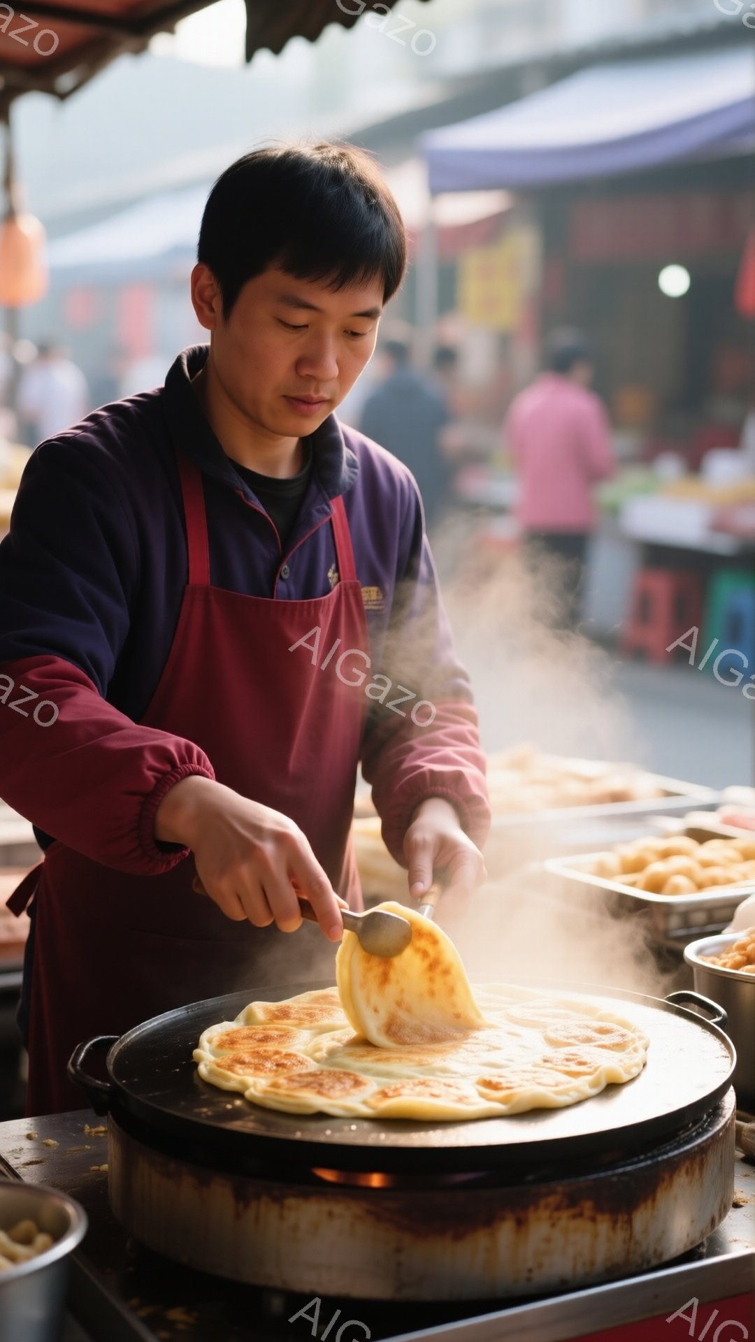 屋台で男性が大きな平らな鉄板で何かを調理している様子が写っている。赤いエプロンを着ており、短い黒髪で、集中して調理に取り組んでいる表情をしている。背景には、他の屋台や人々が見え、活気のある市場の雰囲気が漂っている。