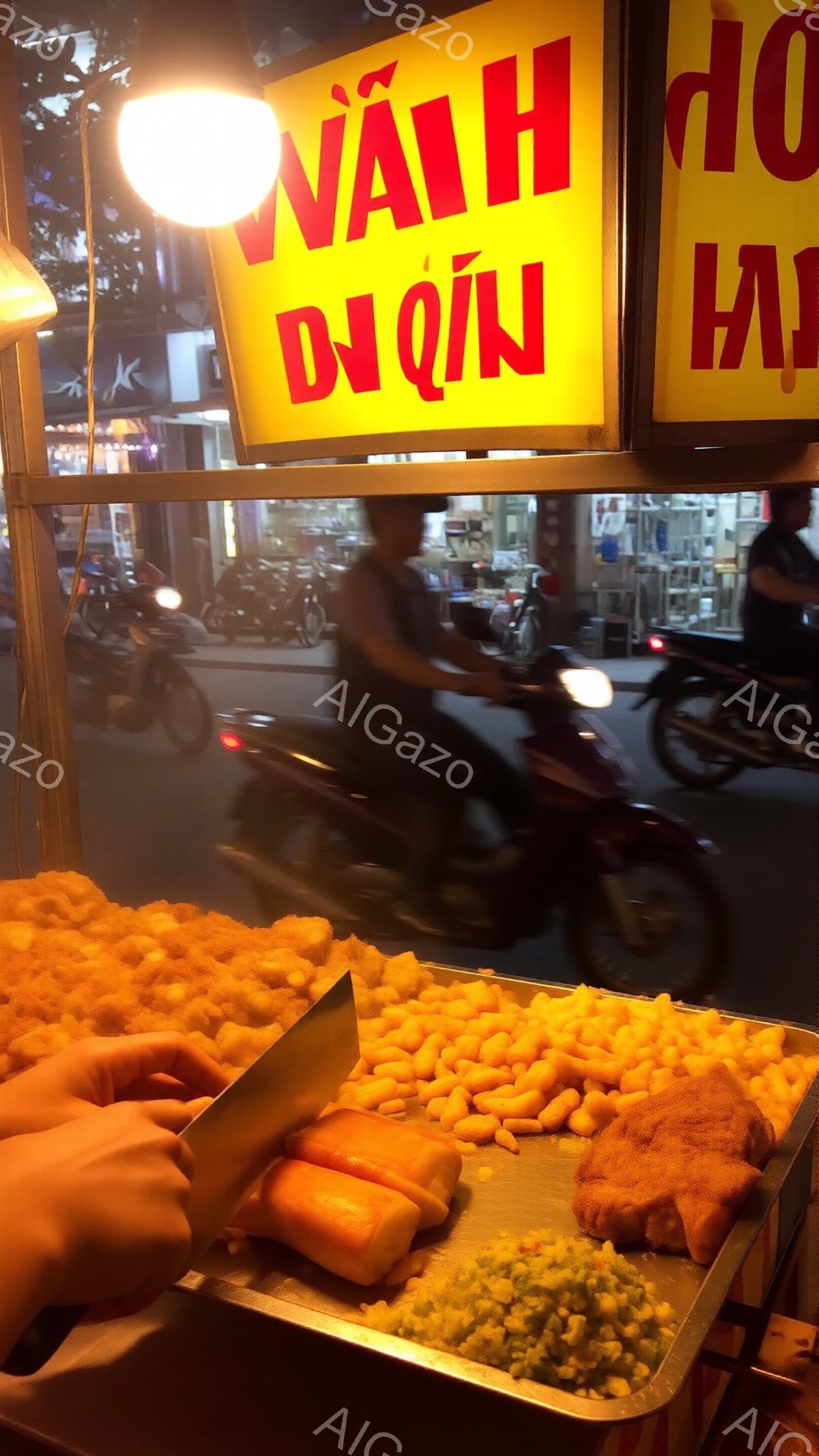 金属製のトレイに、細長い揚げ物や小さく切られた様々な具材が並べられている様子が写っている。背景には、ぼやけた街並みとネオンサインが見え、屋台の賑やかな雰囲気が伝わってくる。手元には包丁があり、調理中の様子が伺える。