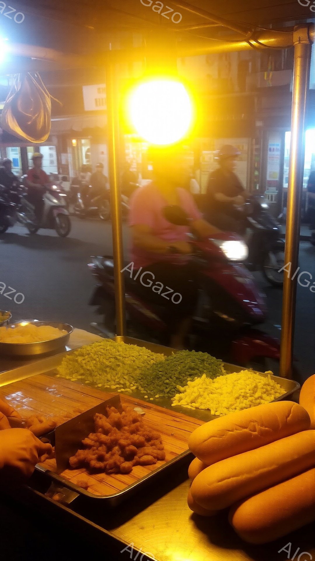 屋台のステンレス製のカウンター上に、様々なトッピングが並べられている。黄色い、緑色の、茶色の食材がそれぞれの小さな容器に分かれて並べられ、その手前にはパンが置かれている。背景にはぼやけたバイクと人々の - AI生成フリー素材