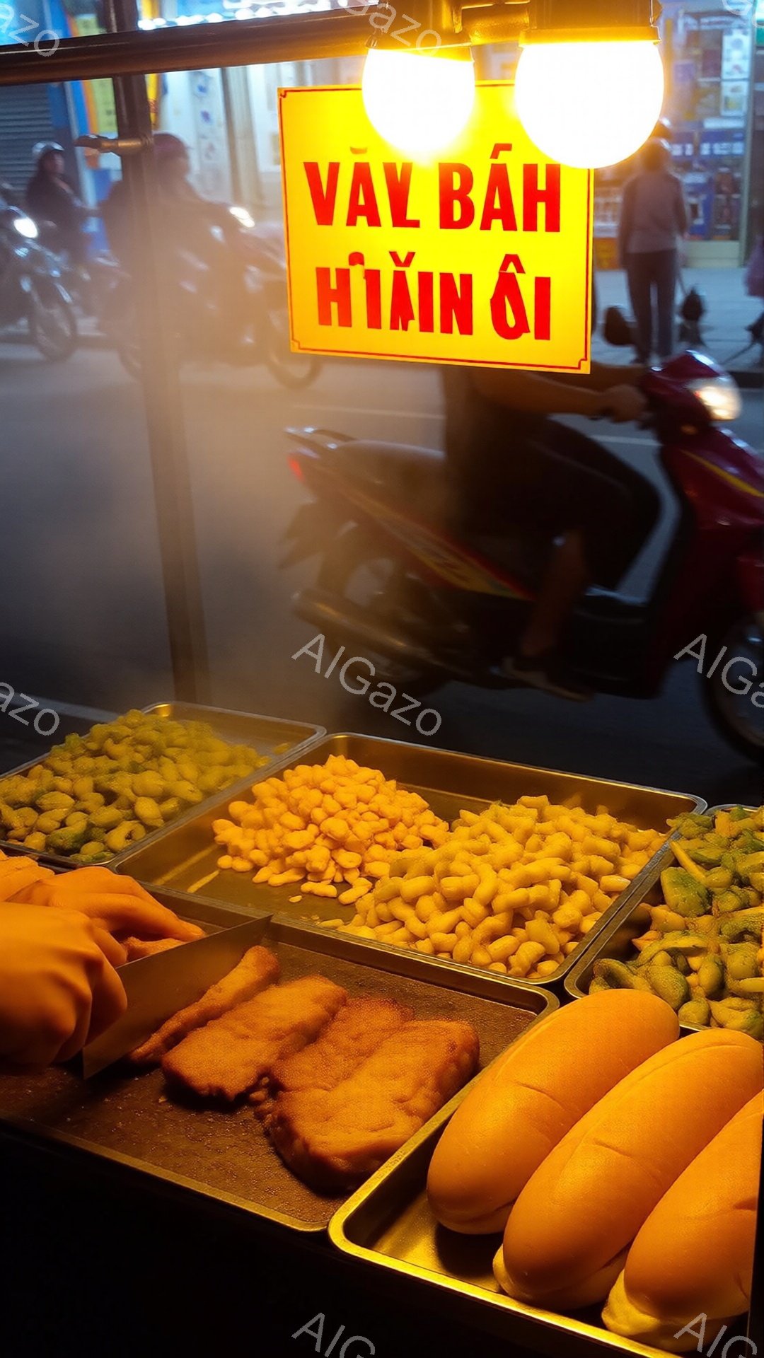 揚げたスナックやパンが並んだ屋台の様子が写っています。ステンレス製のトレイに緑色の何かの揚げ物、細長いジャガイモフライ、揚げパン、そしてオレンジ色のパンが並べられています。背景にはぼやけたバイクとお店が見え、活気のある屋台の雰囲気が伝わってきます。